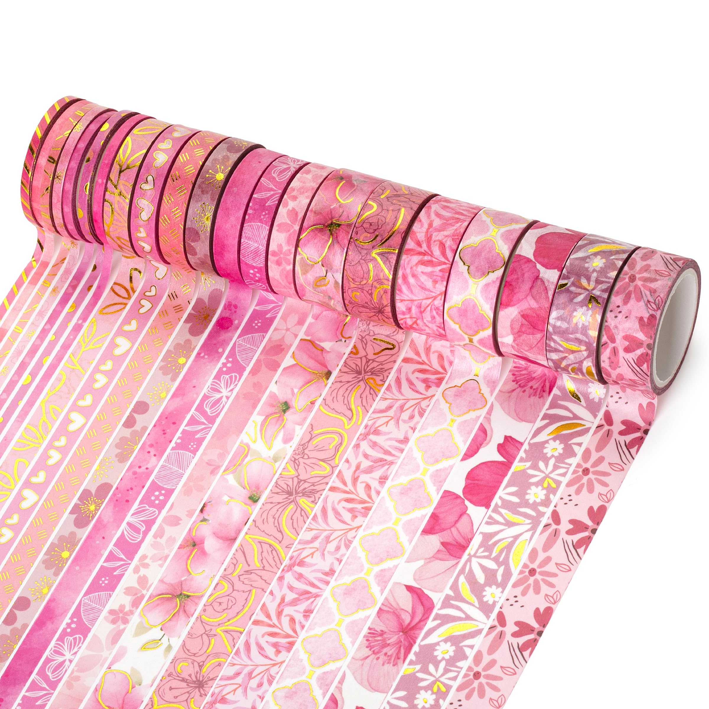 Washi Tape Set, 21 Rolls, Floral Pink, Decorative With Measure Tape, Scrapbook for Journaling, Craft