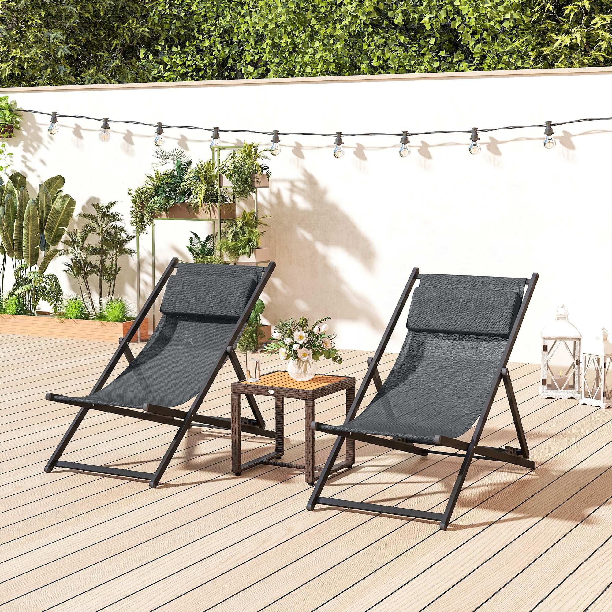 Outsunny Lot de 2 Bain de Soleil, Chaise Longue Pliante avec appuie-tête en textilène, transat Jardin extérieur inclinable de Plage Camping Piscine terrasse, 60 x 100 x 85 cm, Gris foncé
