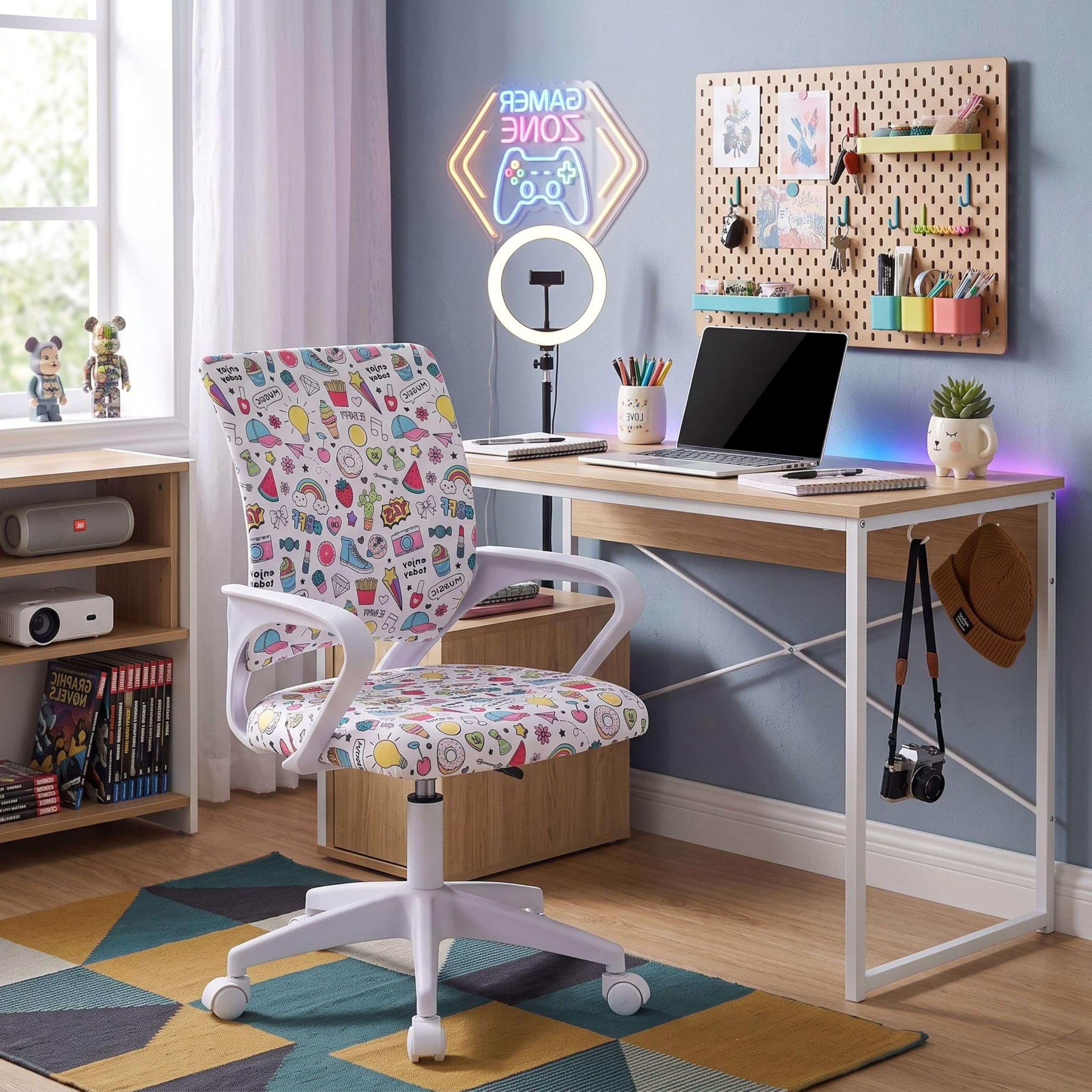 Miroytengo Silla de Escritorio Juvenil Vita Emojis, Altura Regulable, Tela Estampado, Reposabrazos Blanco
