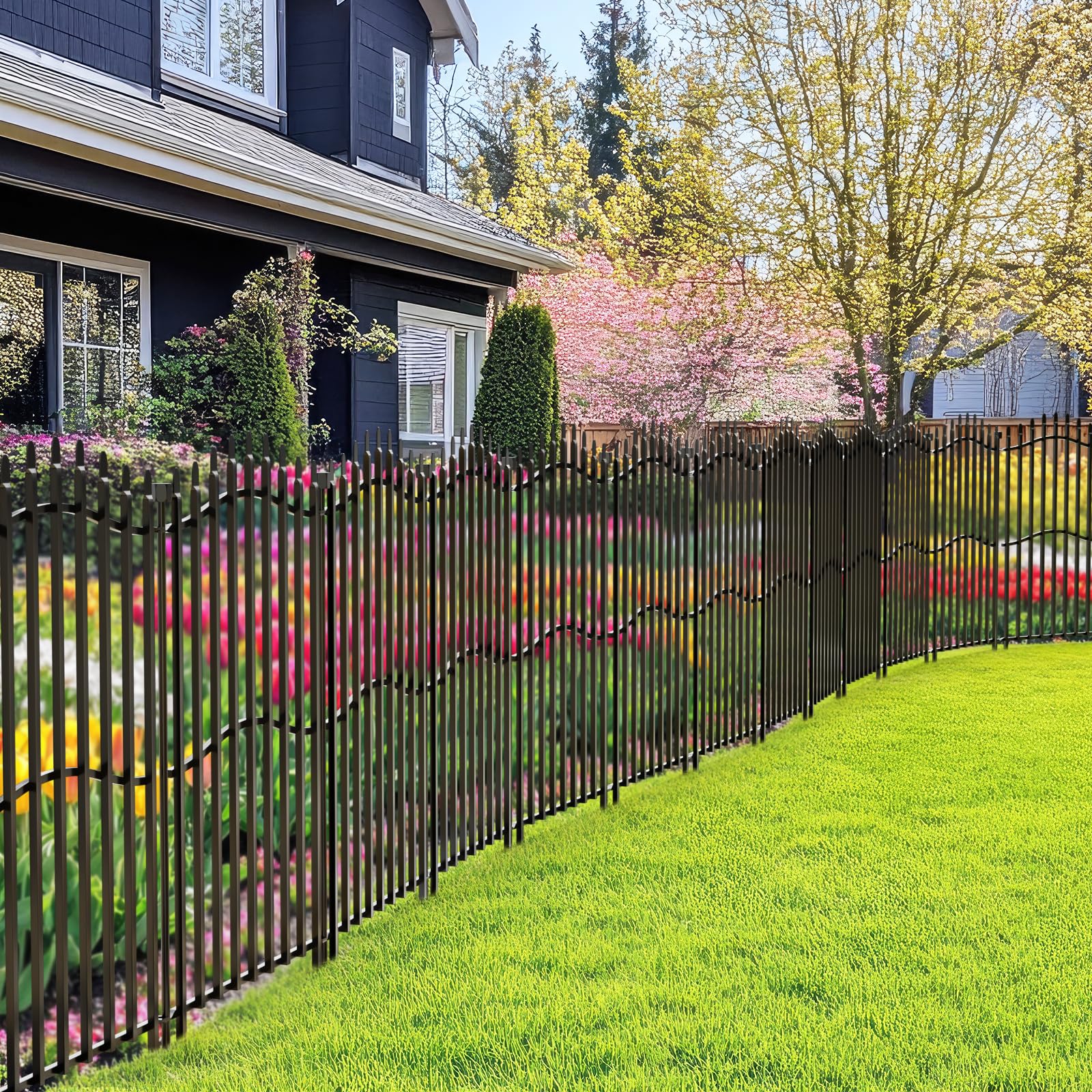10 Paneele Steckzaun Dekorativer Gartenzaun Metall mit Tür – 102 cm hoch x 7 m lang, robuster Vierkantrohr-Tierschutz, rostfreier Hundezaun für Hof und Terrasse im Außenbereich
