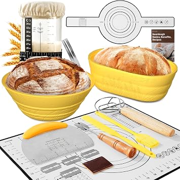 Sourdough Starter Kit with Jar Complete Sourdough Bread Baking Supplies for Beginners, Includes 2 Silicone Proofing Baskets Baking Mat Sour Dough Kit - Yellow