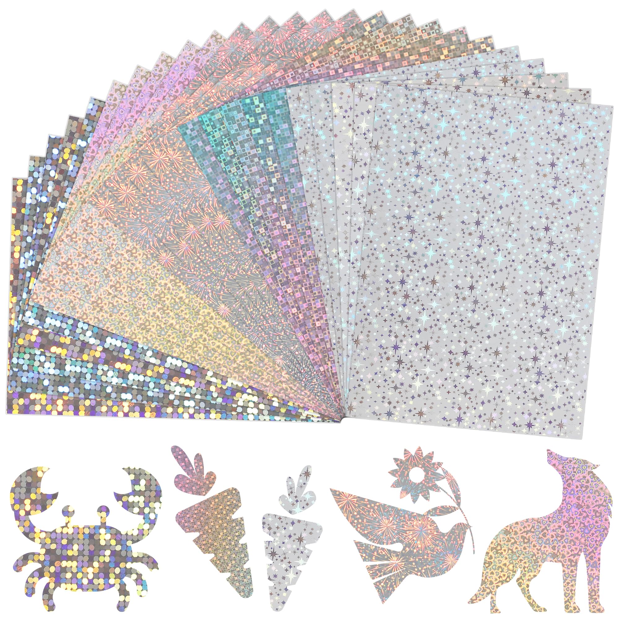 A4 Silber Spiegelkarton mit gemustertem Mix, 25 Blätter 5 Muster 250 g/m² lb Metallisch Reflektierendes Bastelpapier für Basteln, DIY-Projekte, Kartenherstellung, Partydékor UAP19MXSR25B