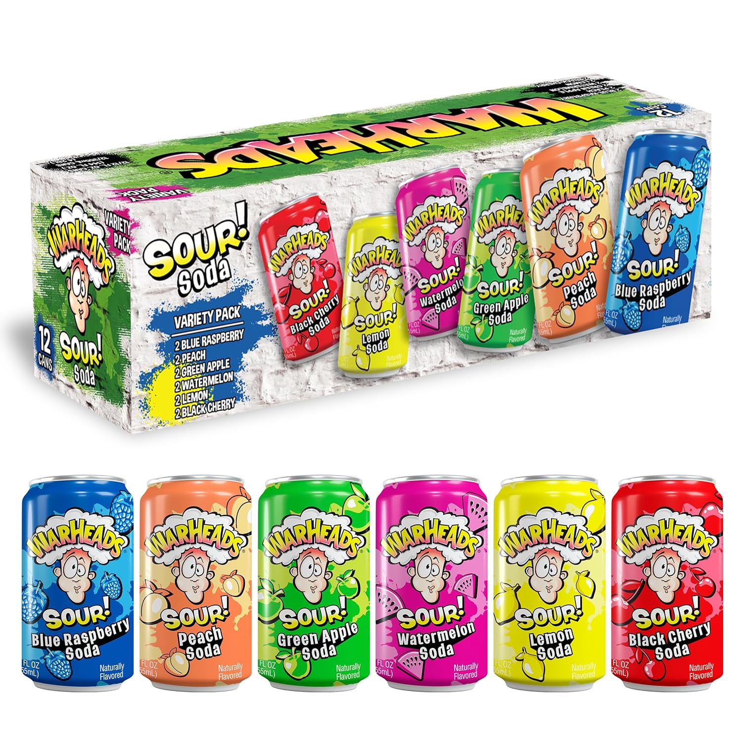 Sour Fruity Soda with Classic Warheads Flavors – Perfectly Balanced Sweet and Sour Soda - Warheads Candy Throwback Treat, Soda, Cocktail Mixer, Pack of 12, 12oz Cans (Variety Pack)