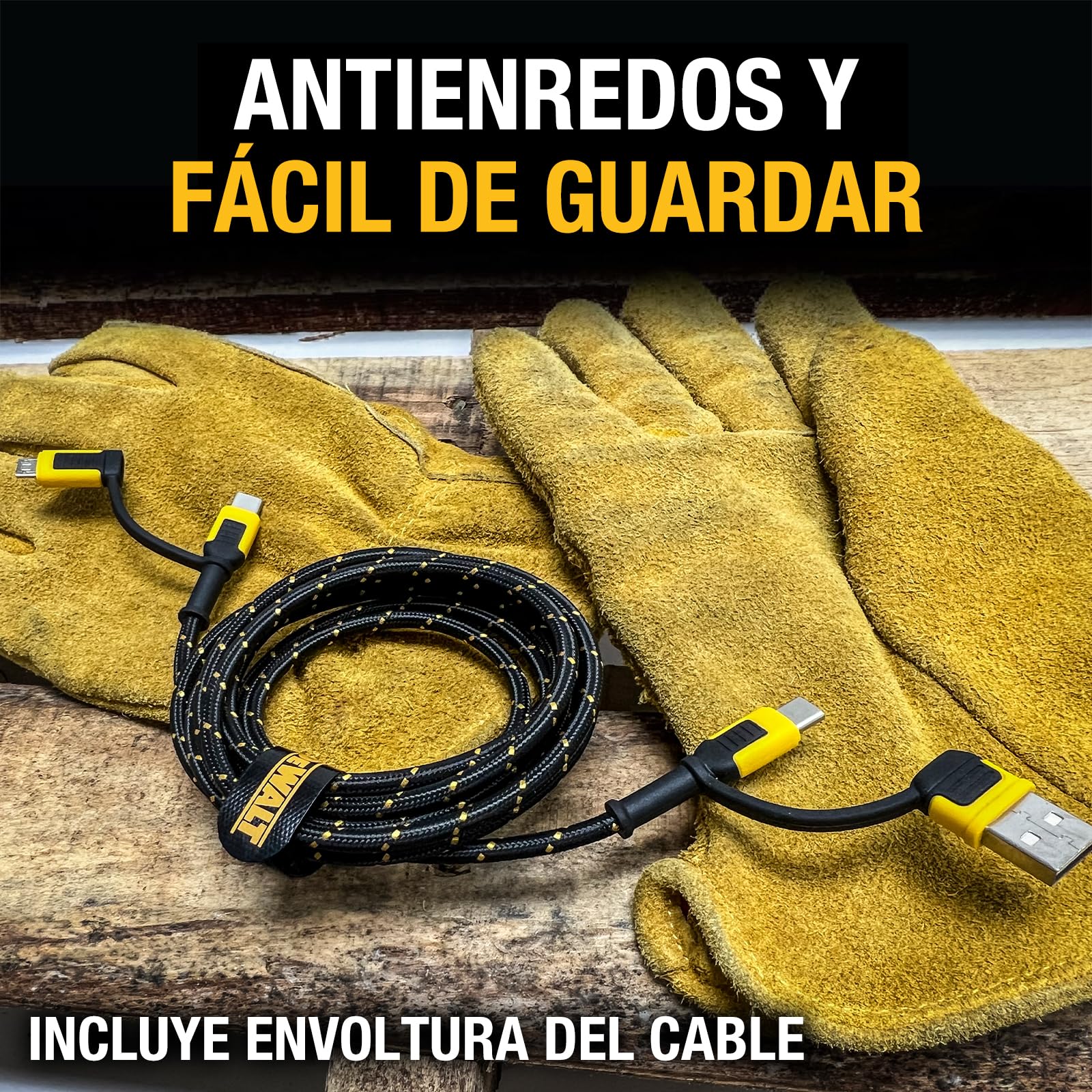 DEWALT Heavy Duty Cable 4-en-1 USB C/Micro USB/USB-A, Cable de Carga para iPhone 17/16/15, iPad, Samsung Galaxy y Android, Cable USB-C Todo en Uno 1,8 m Kevlar (Negro)