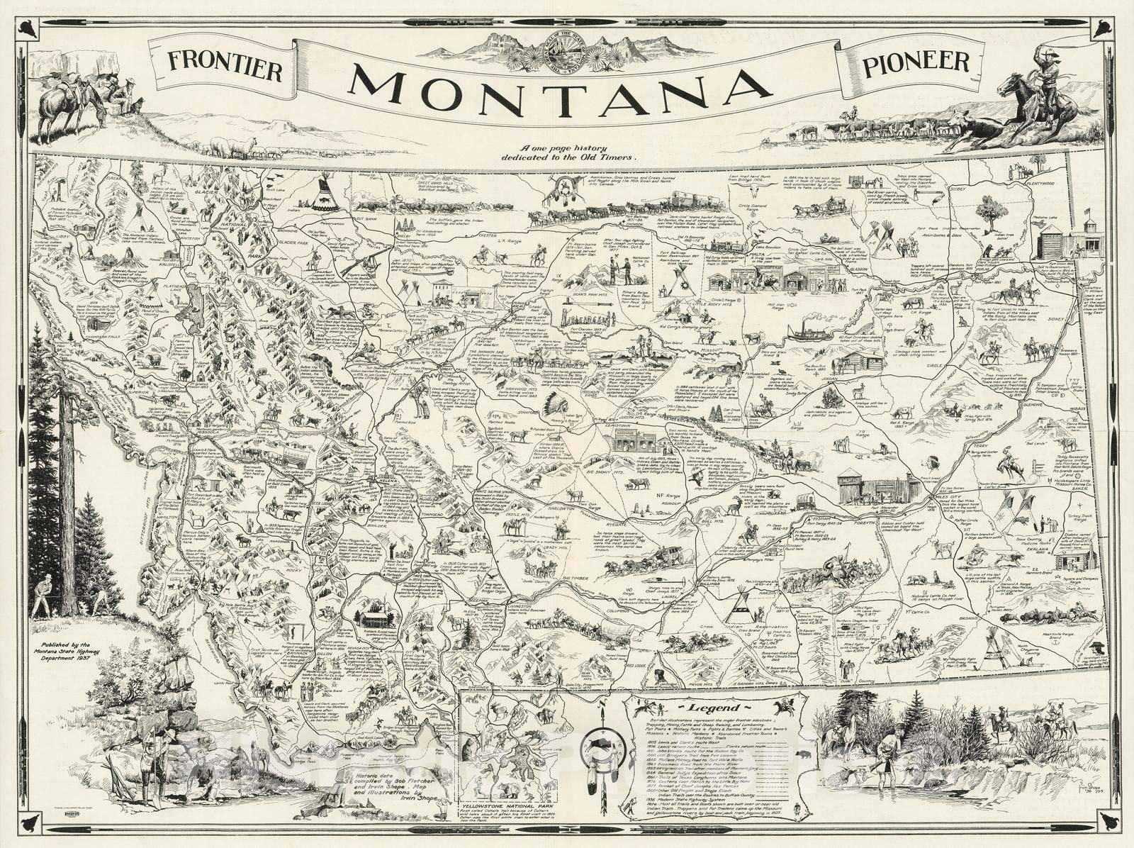 Historic Pictoric Un mapa de Montana donde está representado e inscrito La historia pionera de la tierra de las montañas brillantes, 1937 - Arte de pared vintage - 30 x 24 pulgadas