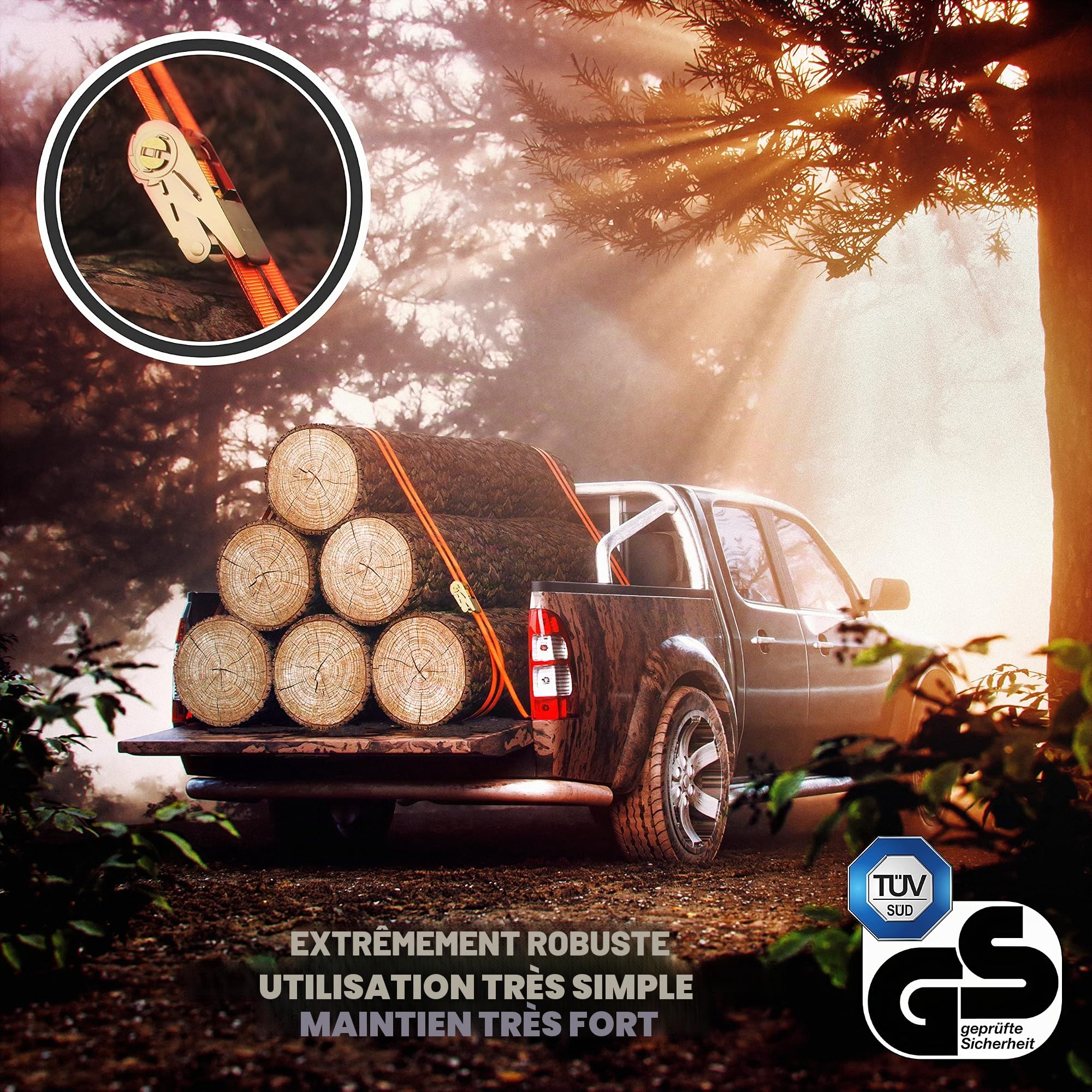 Heldenwerk Lot de 4 sangles d'arrimage avec cliquet de 4 m, 5 m ou 6 m - Certifiées TÜV/GS - Avec double couture - Résistantes aux intempéries et robustes, 1100020