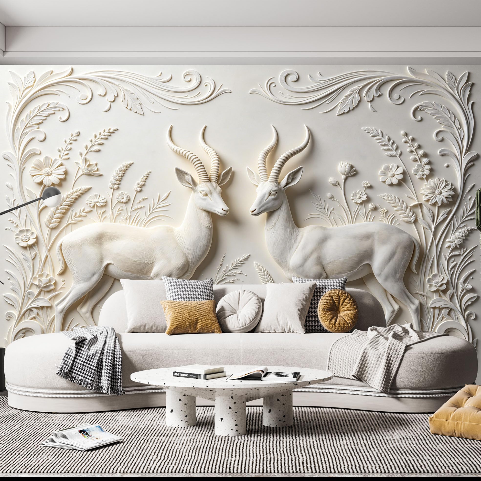 Elegancki jeleń para kwiatowy mural ścienny romantyczny las jeleń kwiat włókniny tapeta luksusowa neoklasyczna botaniczna kwiatowa fototapeta 500 x 280 cm kremowa biel cecha ściana do salonu sypialni