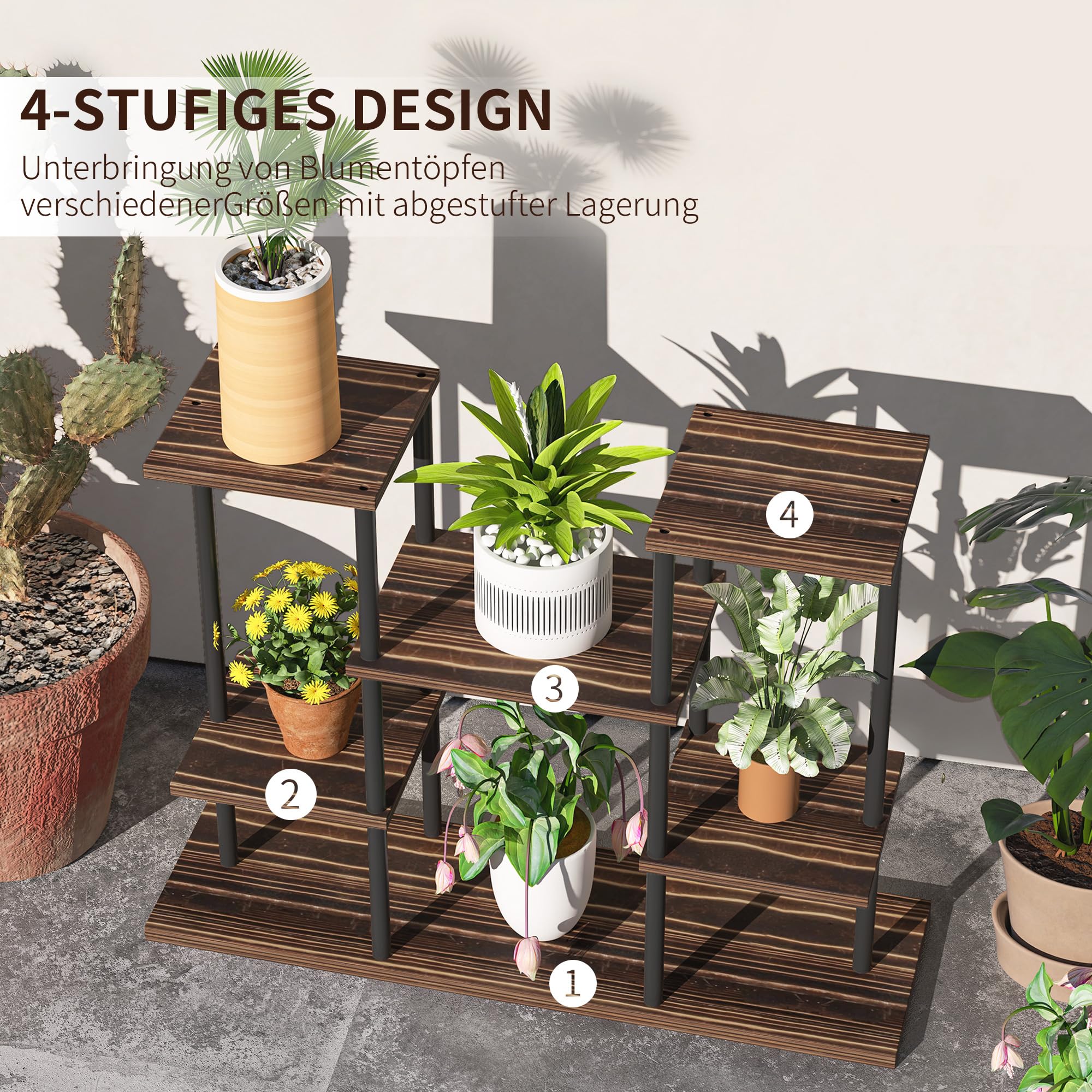 Outsunny 4-Etagen Pflanzenständer 61,5 cm Hoch Blumenständer Verkohlt | Pflanzenregal Holz, Mehrstöckig Blumentreppe, Blumenständer für Innen Außen, Blumentopfständer, Garten, Balkon