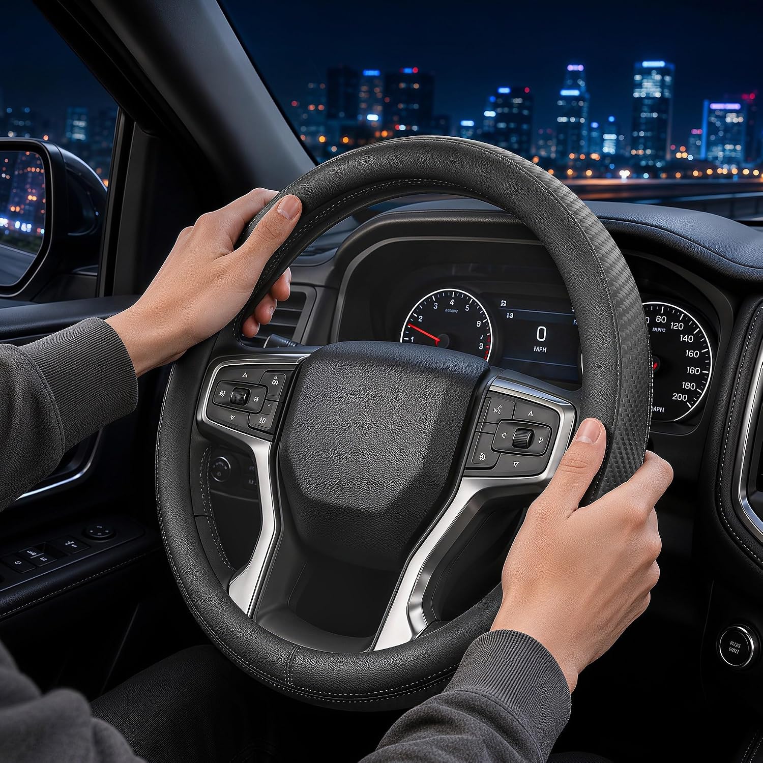 Steering Wheel Cover for Chevy Silverado Express Equinox Tahoe Suburban Malibu Traverse Colorado, Standard Size 14.5-15", Black Carbon Fiber