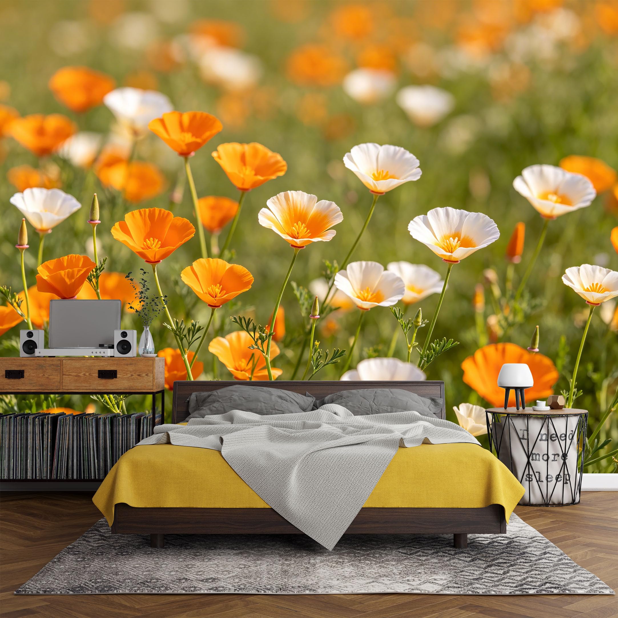 Custom Size Wall Mural， Botanical Wildflower Field Orange White Bloom Spring Meadow，SelfAdhesive Art Prints wall Fabric (No PVC) Removable Wallpaper Living Room Decor