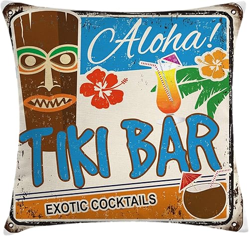 Ambesonne - Funda de cojín decorativo cuadrado, diseño vintage oxidado, cóctel exótico aloha y bebida de coco, nostálgico, 61 x 61 cm, multicolor