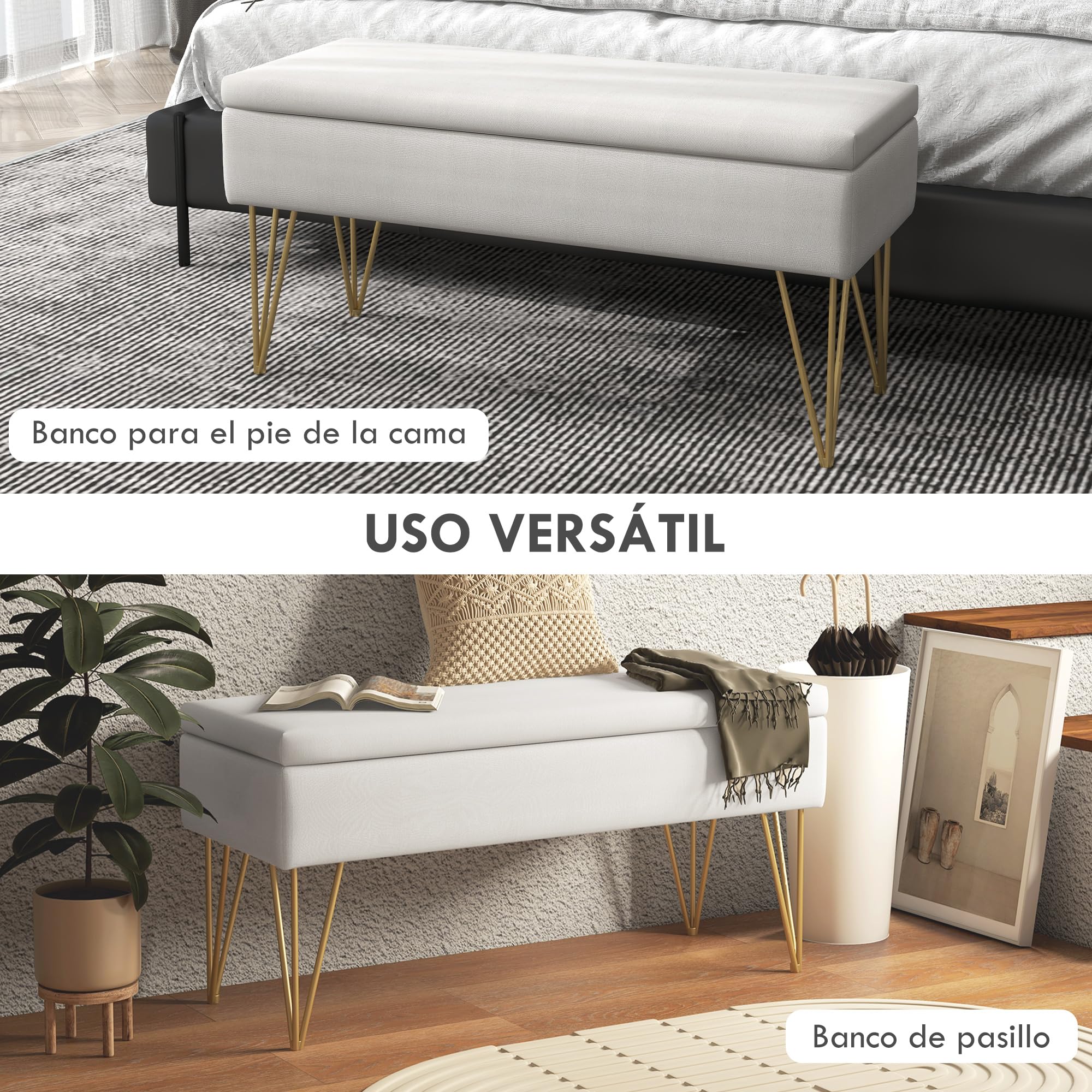 HOMCOM Banco Pie de Cama, Taburete Pie de Cama Tapizado en Lino Sintético con Patas de Acero y Asiento Acolchado, Estilo Moderno, Banco para Dormitorio, Entrada, Pasillo, Crema