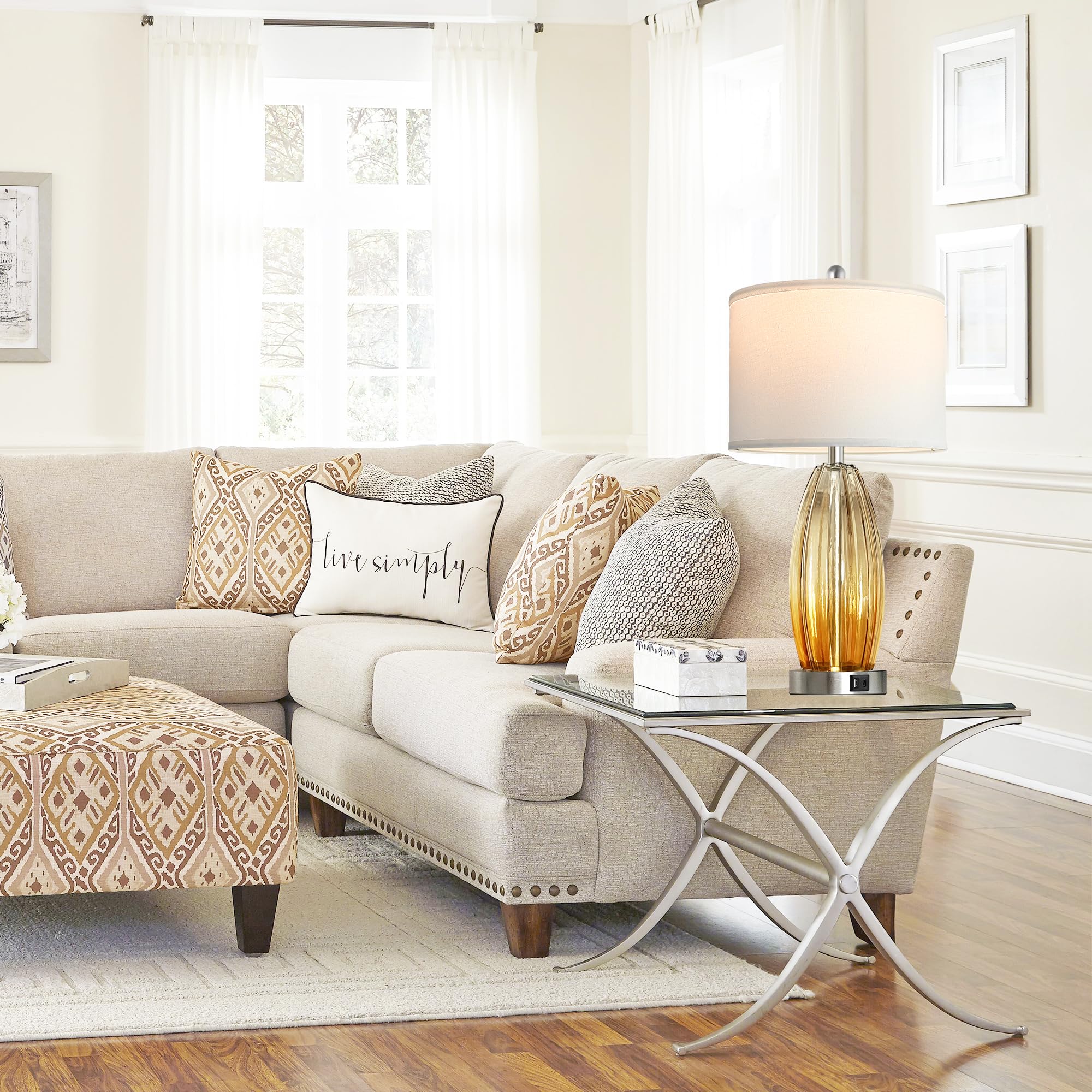 Table Lamps for Living Room Set of 2, Champagne Glass Bedside Table Lamp for Bedroom with USB C+A Ports, Contemporary Coastal Style Side Nightstand Lamps with 2 LED Bulbs for End Tables