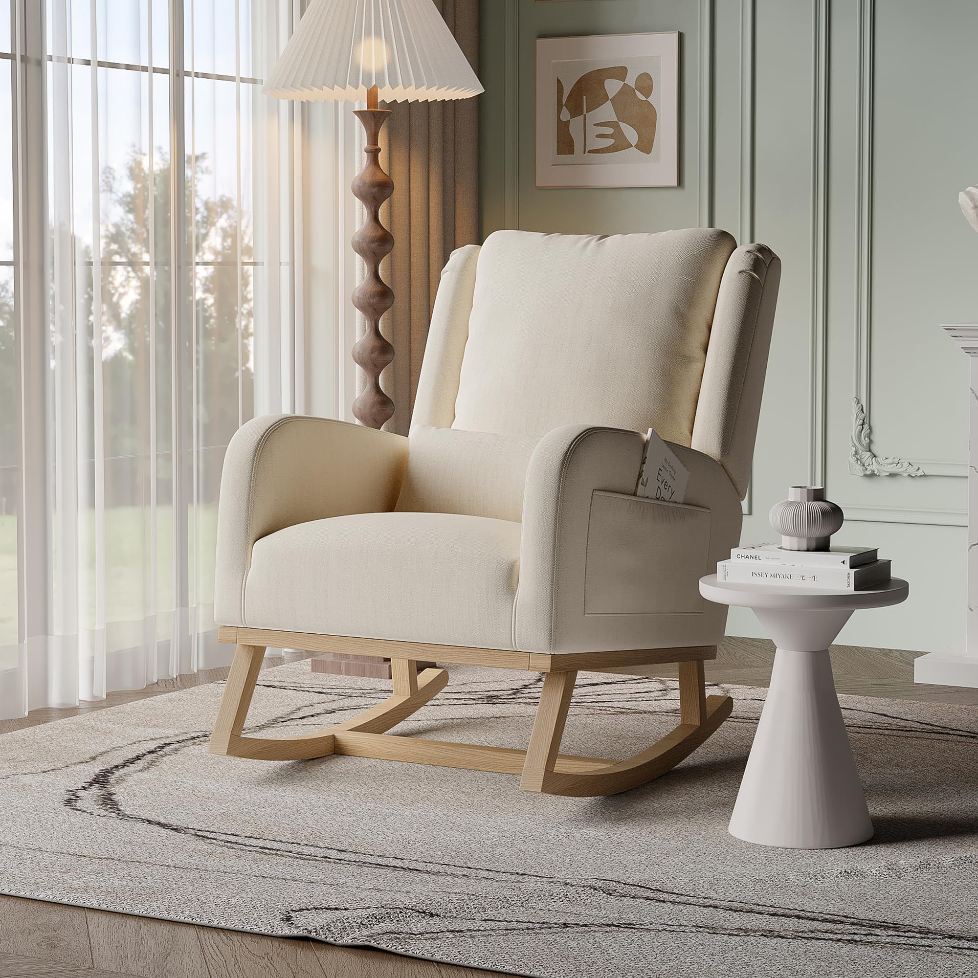 BRILVERDE Mecedora de lino, mecedora con base de madera, respaldo y bolsillos laterales, sillón relax para salón, color beige