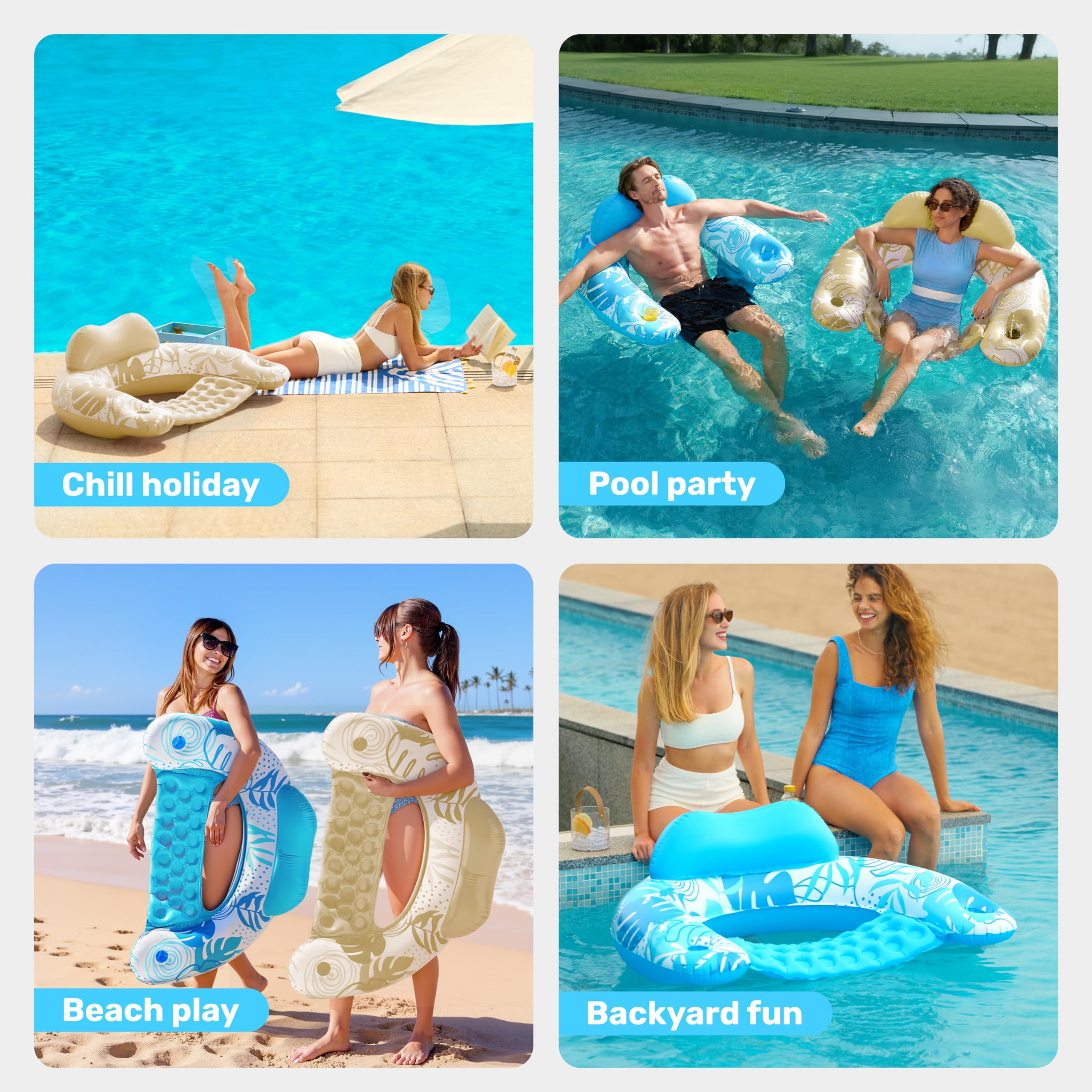 SLOOSH Aufblasbare Pool-Flöße für Erwachsene, 2er Poolstühle mit Getränkehaltern, aufblasbarer schwimmender Poolstuhl, Pool-Flöße für Erwachsene, Schwimmparty, Sommer-Wasserfreude