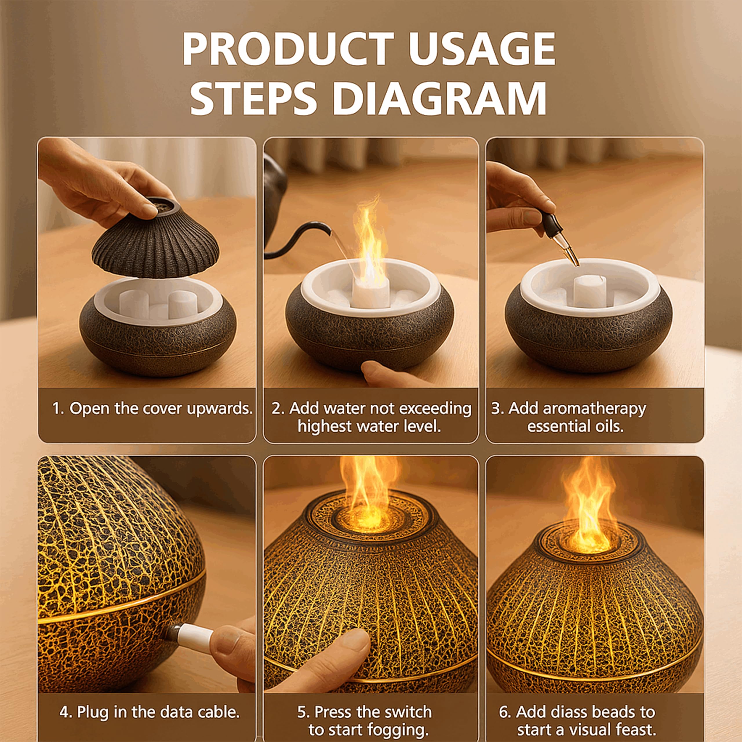 MARZIUS Aroma Diffuser Vlam 7 Kleuren Nachtlampje Essentiële Olie Thuis Slaapkamer Yoga Kantoor Automatische Bescherming Zwart