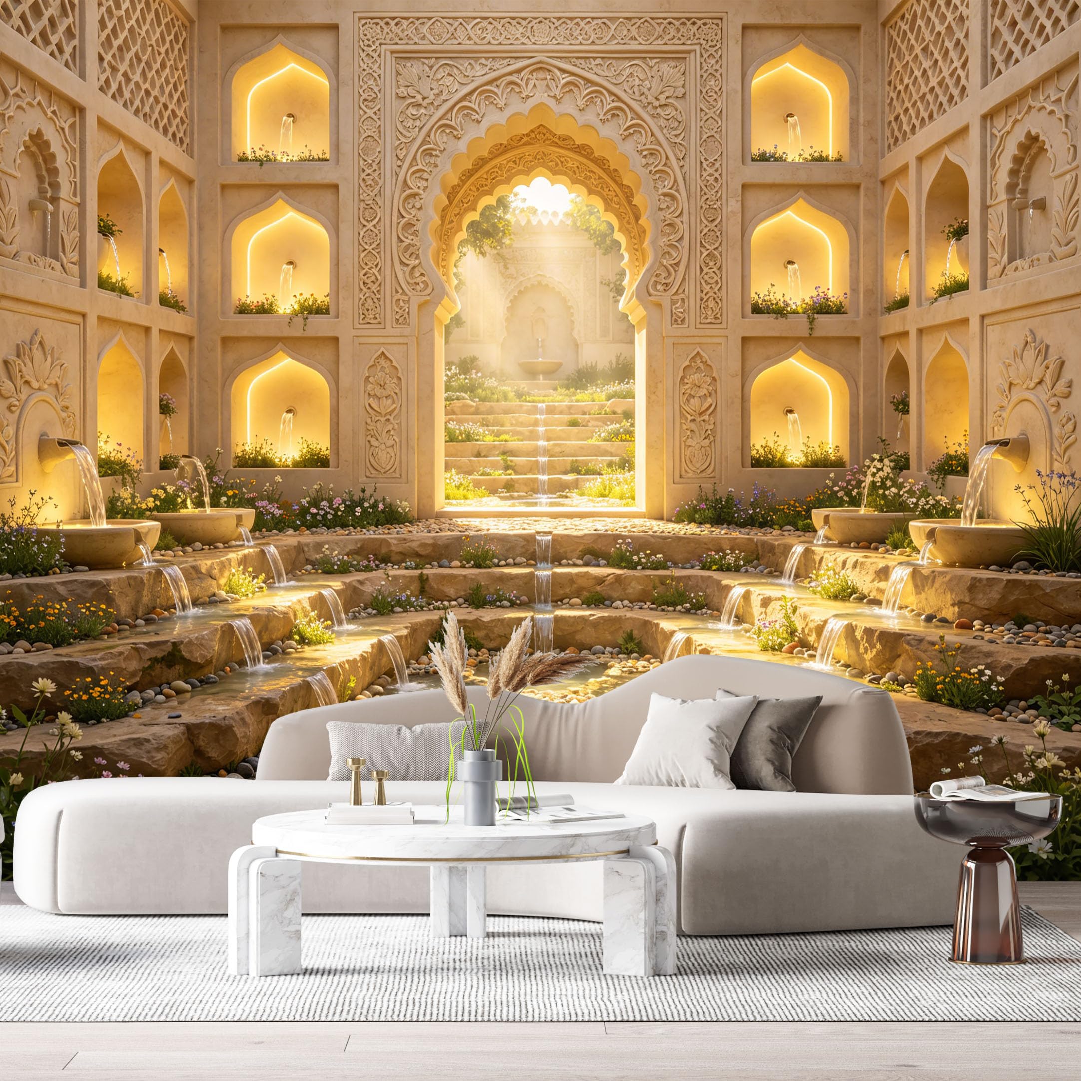 Custom Size Wall Murals Courtyard Arch Water Feature 3D Trompe L'Oeil SelfAdhesiveWall Fabric Removable Wallpaper Wall Decor for Living Room Bedroom Bathroom