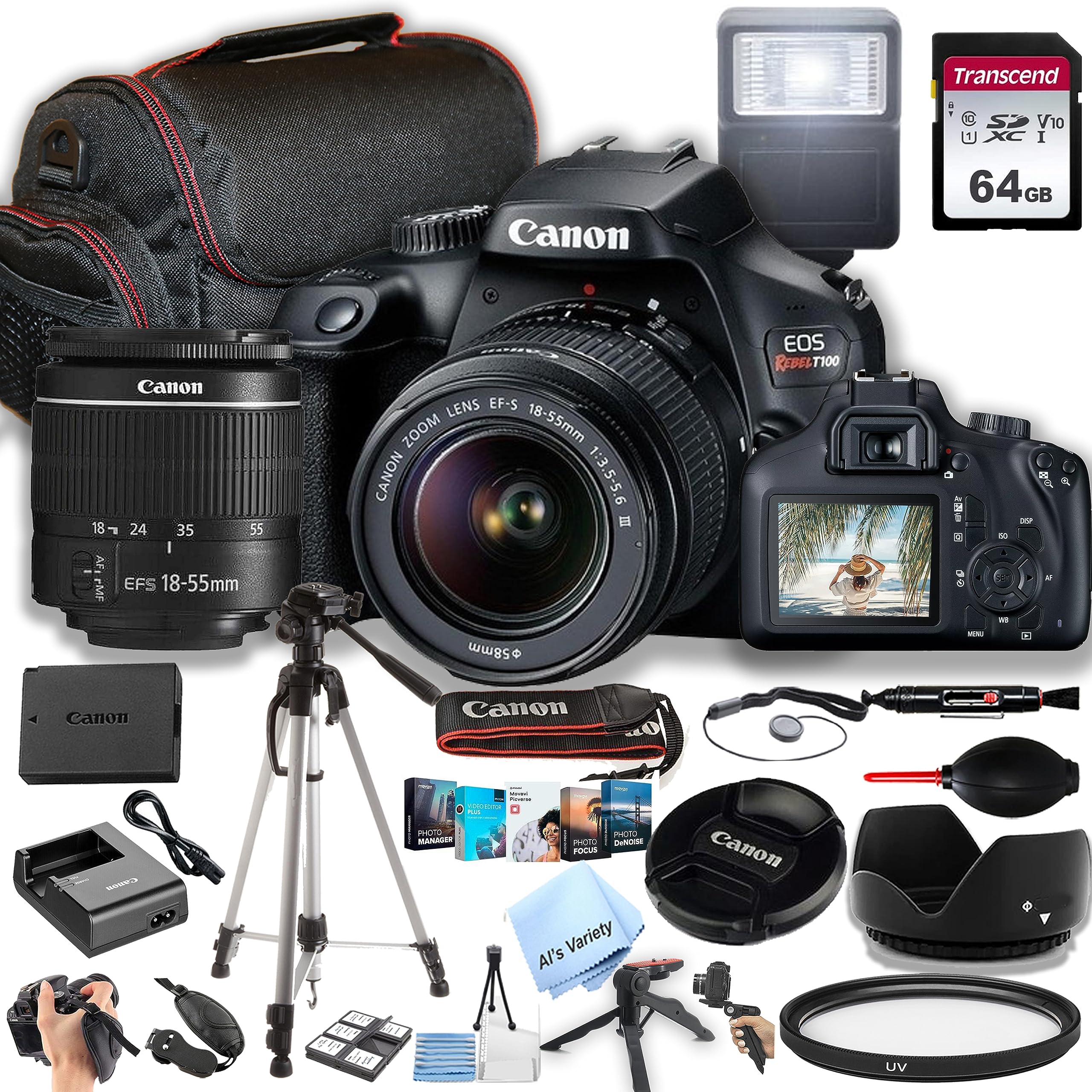 Canon Rebel T100 / EOS 4000D DSLR Camera w/EF-S 18-55mm F/3.5-5.6 Zoom Lens + 64GB Memory, Case, Tripod, Flash, and More (31pc Bundle) (Renewed)