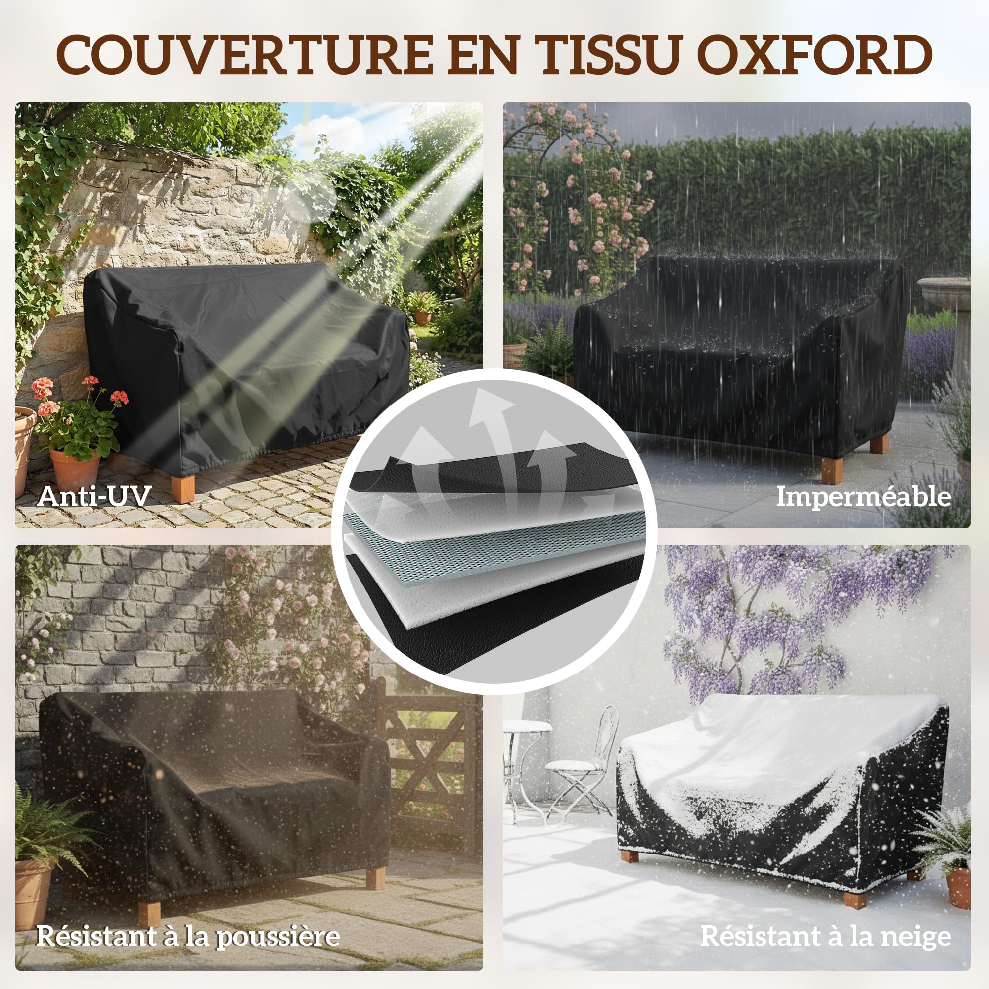 Outsunny Banc de Jardin 2 Places, Banc Extérieur en Bois avec Housse Imperméable, Siège de Jardin avec Dossier Ergonomique, Mobilier pour Terrasse, Balcon, Porch, Marron Clair
