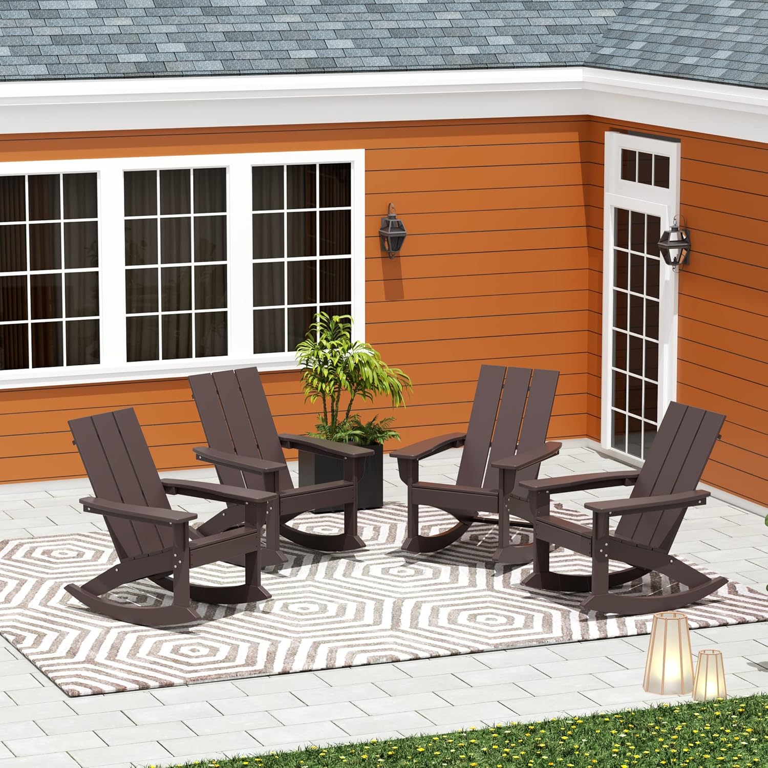 WO WESTIN OUTDOOR HDPE Shoreside Modern Rocking Poly Adirondack Chair (Set of 4),Dark Brown