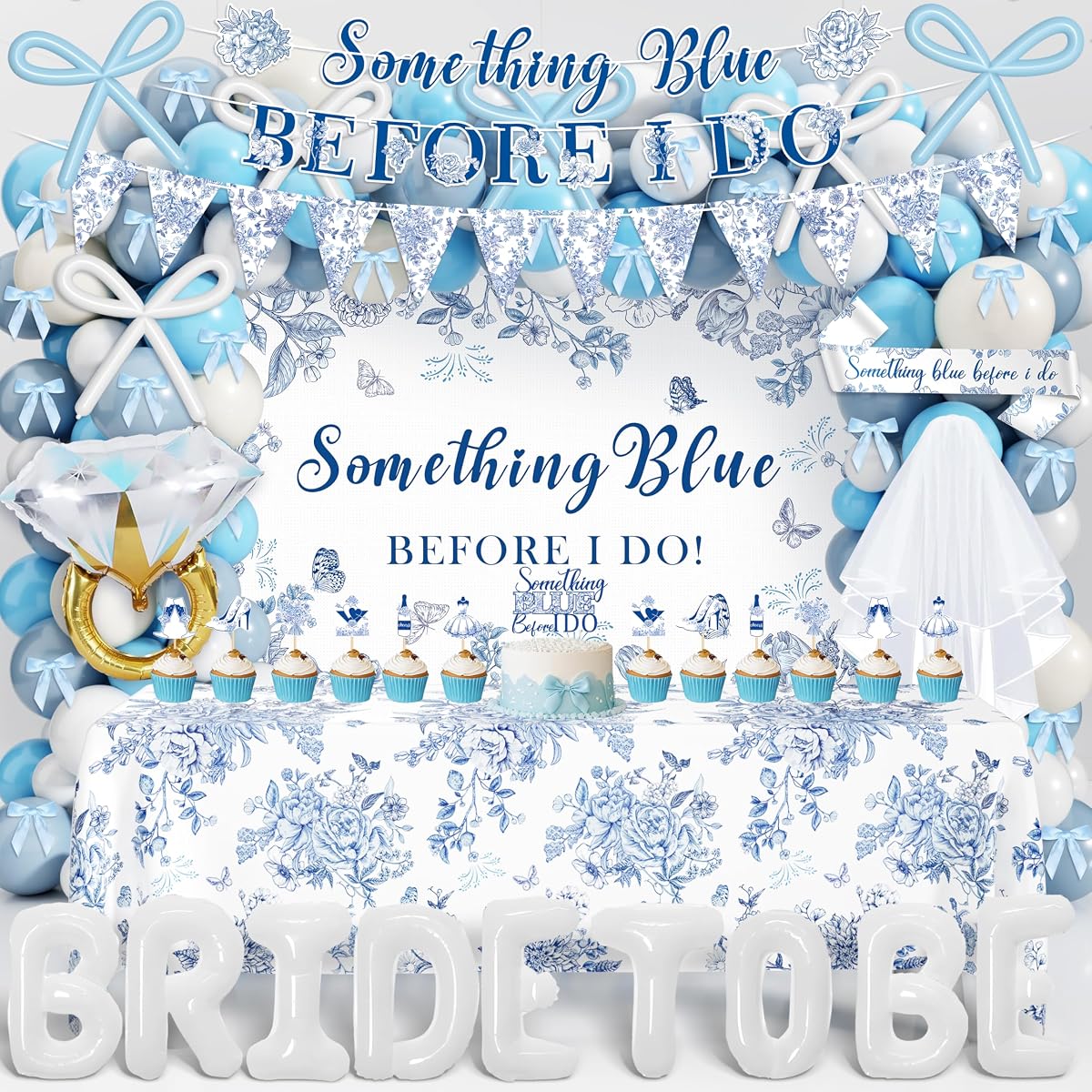 Something Blue Before I Do Bridal Shower Decorations,127 PCS Party Decor | Bachelorette Party Decorations, Including Coquette Bow Balloon Arch Kit, Backdrop,Tablecloth, Banner Garland, Veil