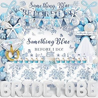 Something Blue Before I Do Bridal Shower Decorations,127 PCS Blue Bachelorette Party Decorations with Coquette Bow Balloon Arch Kit Floral Backdrop Tablecloth Banner Garland Cake Topper Veil