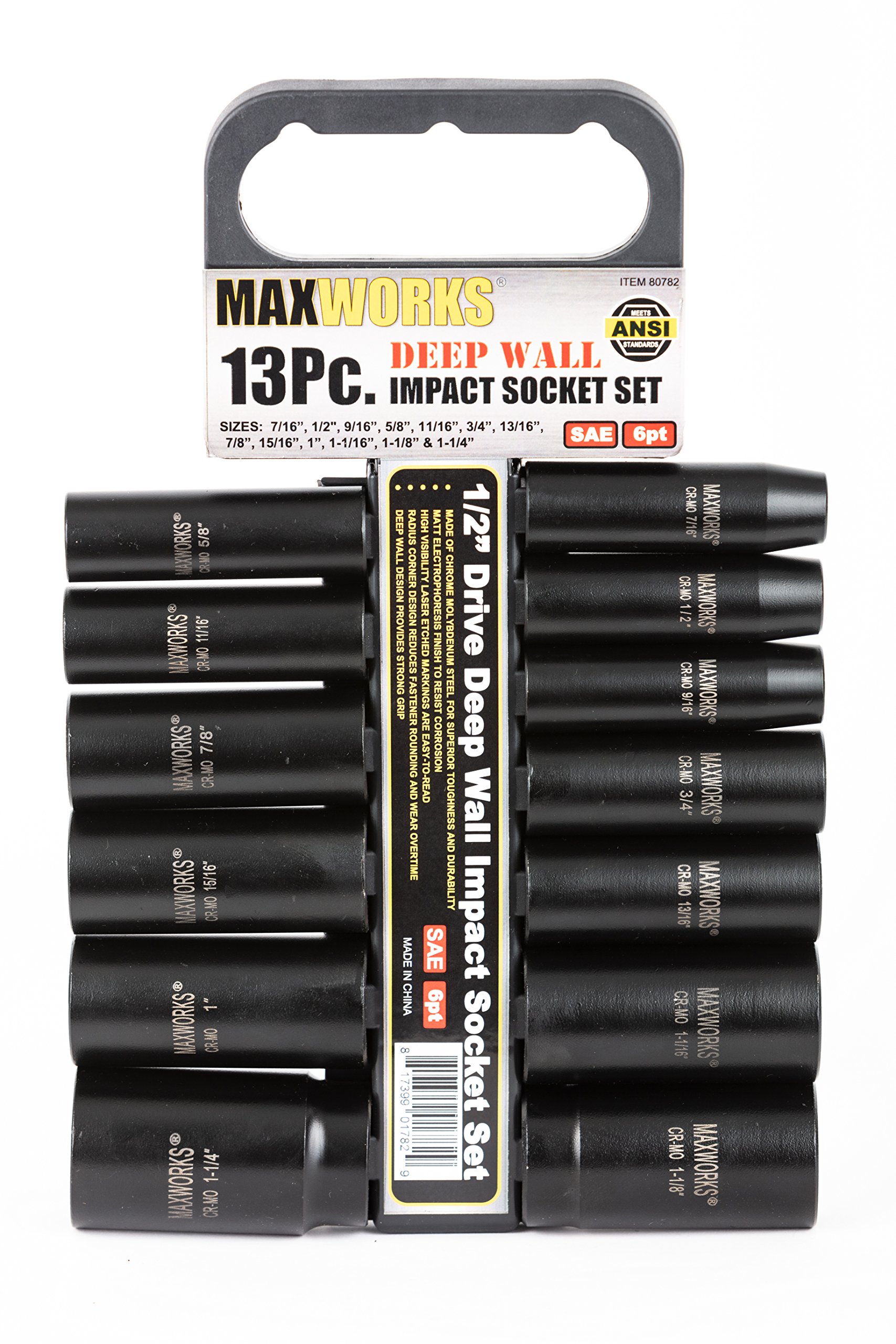 MaxWorks 80782 1/2 Drive SAE Deep Impact Socket Set With Laser Etched Size Marking 13 Piece