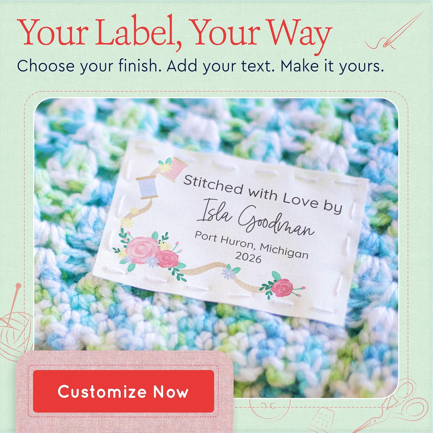Personalized Cotton Fabric Tags 2”x3” Each | Custom Sewing Labels, Set of 12 Labels – Sew On or Iron On – Gift for Quilters, Knitters, mom – Machine Washable Quilt Tags - Thread & Flowers