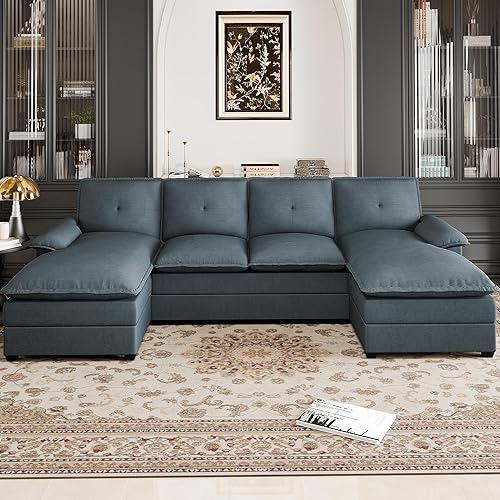 Shintenchi 110" Sectional couches for Living Room,U-Shaped Modular Couch with Thick Cushion & Soft Backrest,4 Seat Double Chaise Sectional Sofa Couch,Dark Grey