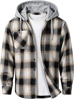 TanBridge Men's Flannel Hoodie Shirt Button Down Long Sleeve Work Shirt Adjustable Drawstring Hood with Chest Pocket