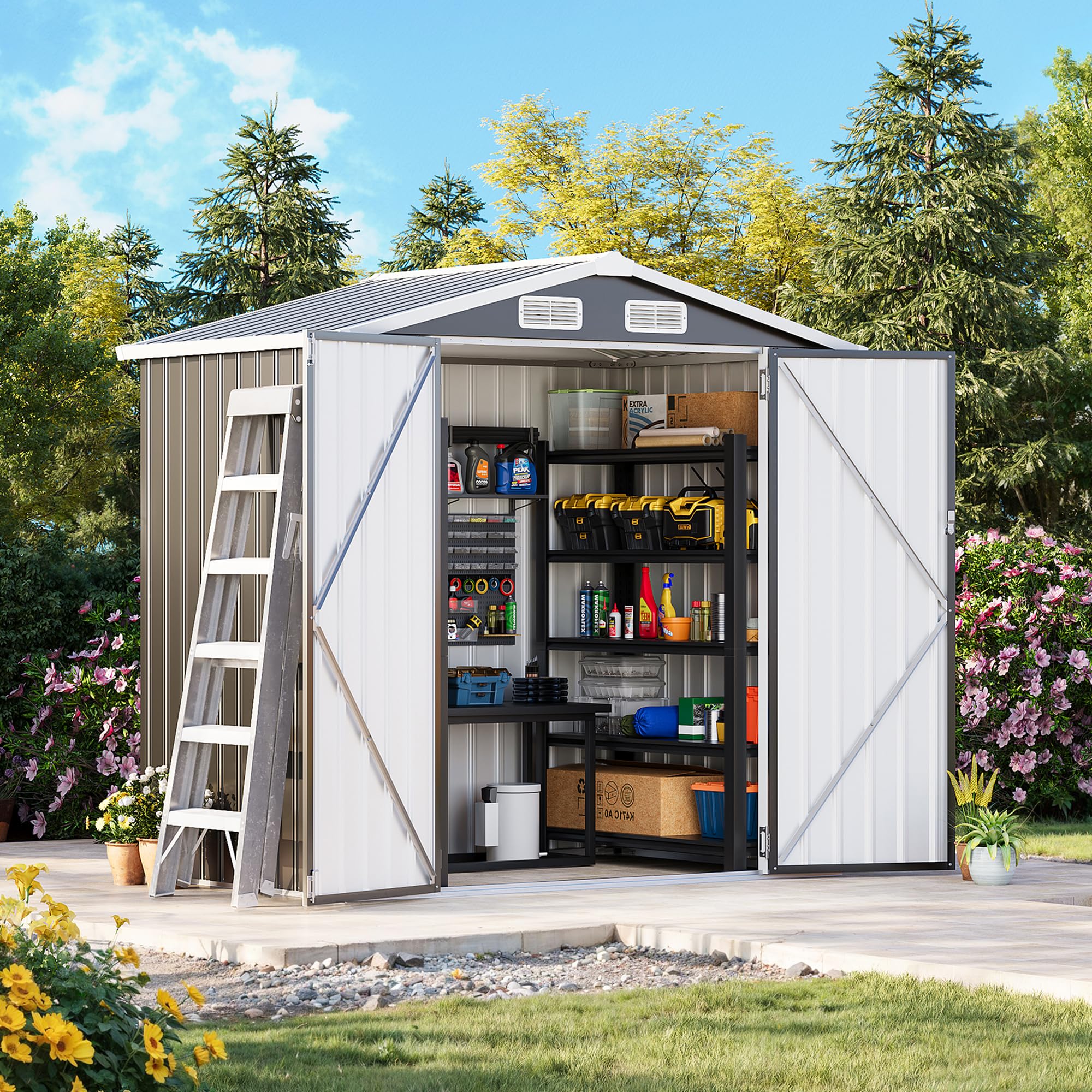 CoziBB 6x4 ft Metal Garden Shed, Outdoor Storage Shed with Windows, Waterproof Garden Shed & Tool Shed – Lockable Double Doors and Sloped Roof, for Garden, Patio or Lawn, Black