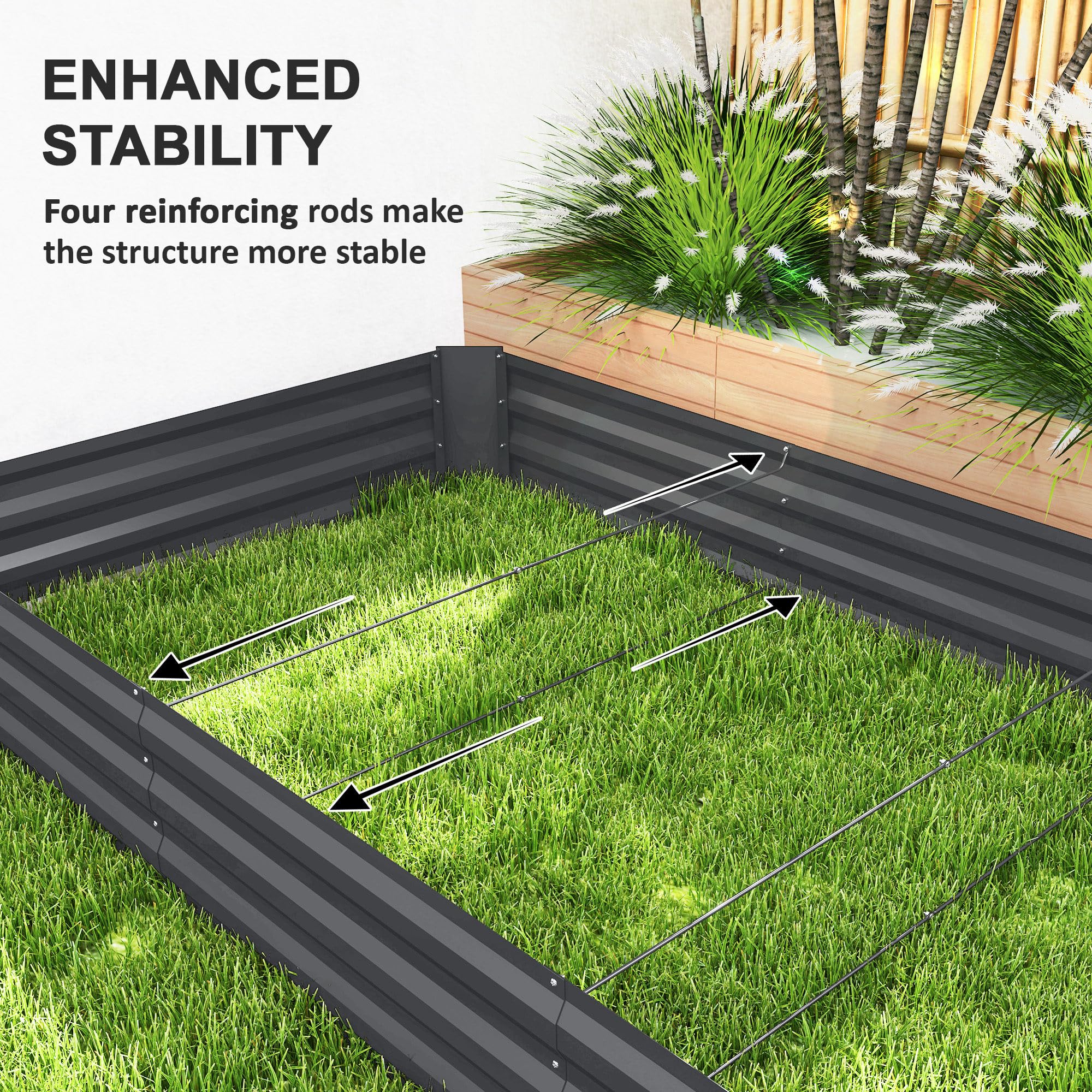 Outsunny Jardinera Rectangular de Exterior con Borde de Seguridad y Base Abierta para Flores y Hierbas, Acero Galvanizado, 240 x 120 x 30 cm, Gris Oscuro