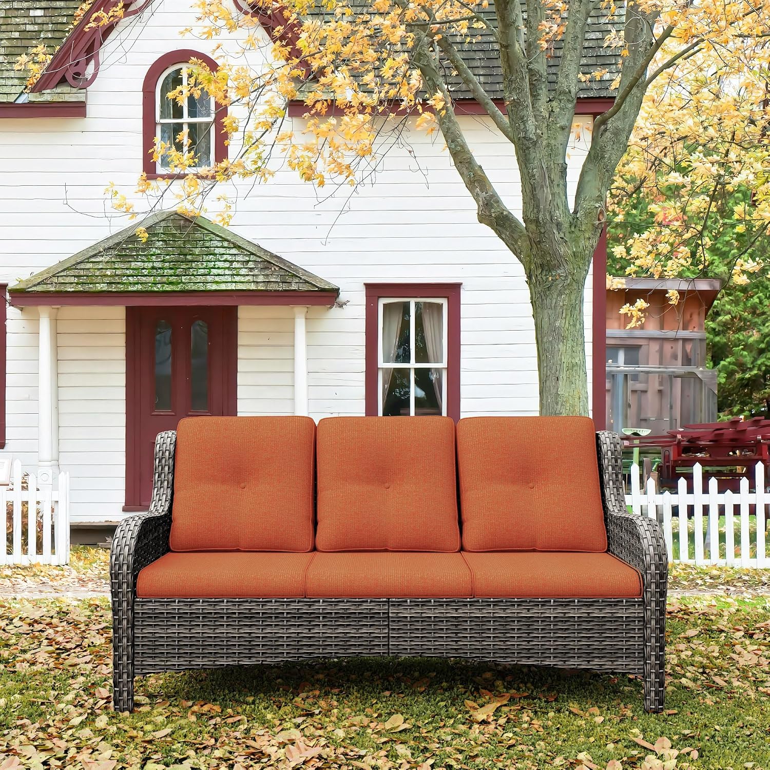 73'' Outdoor Patio Couch Wicker Sofa - 3 Seater Rattan Sofa for Outside Patio Garden with Deep Seating and Olefin Cushions(Mixed Grey/Orange)