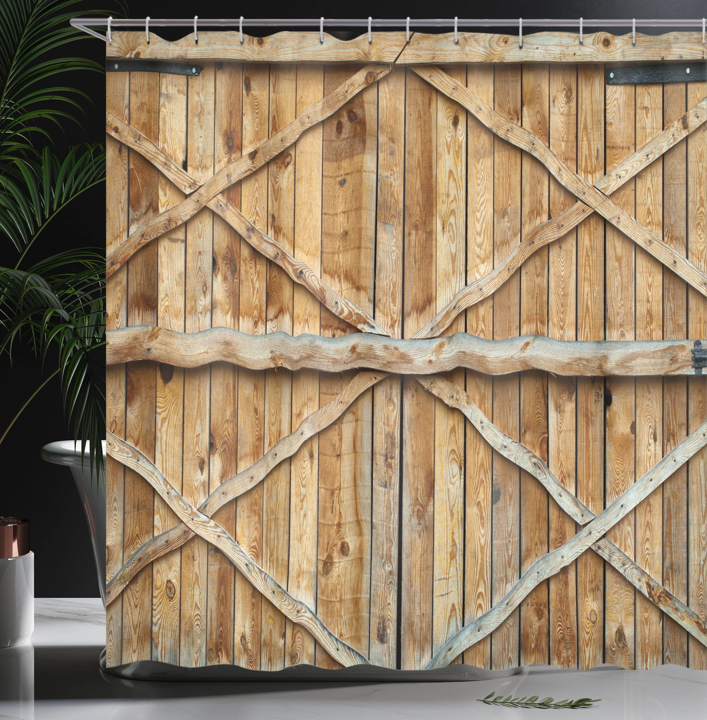 ABAKUHAUS Rustic Shower Curtain, Traditional Wooden Timber Door with Vertical and Planks Farmhouse Antique Photograph - Image 3