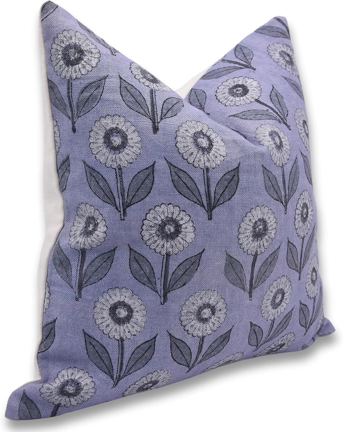Handmade Block Print Off White Linen 26X26 Throw Pillow Case Cushion Cover for Sofa, Couch, Fall Decoration, Farmhouse, Outdoor, Living Room, Boho Home Décor, Ganda Pushap, Blue