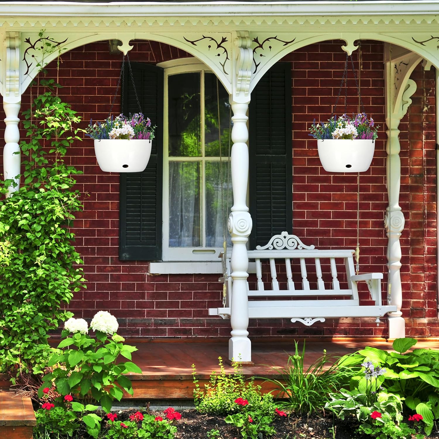 Relaxdays Hanging Basket with Water Reservoir, Set of 2, H x D 67 x 28.5 cm, Outdoor and Indoor, Hanging Flower Pot, Plastic, White