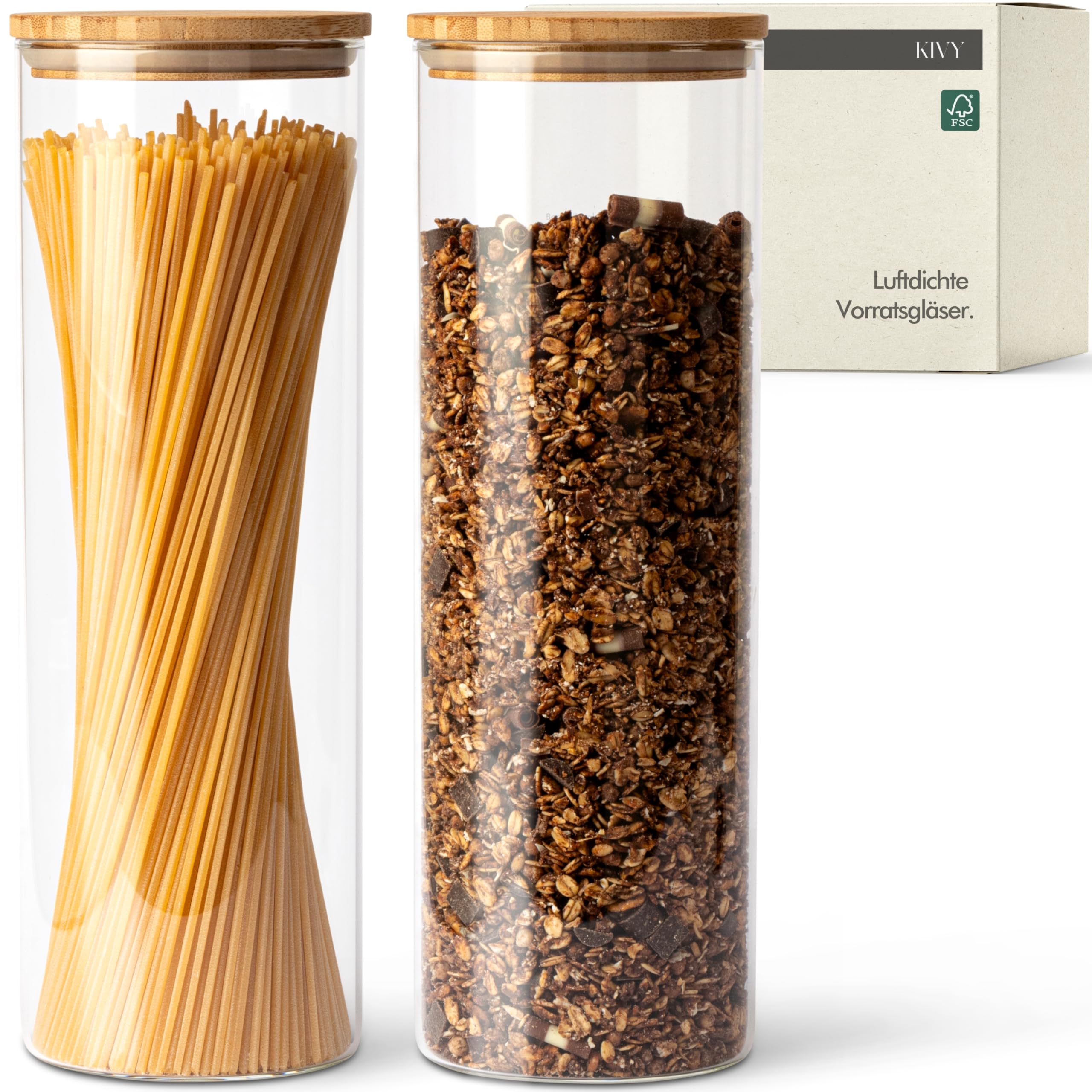 KIVY Vorratsgläser mit Deckel - 2x 1,8L - Luftdicht - BPA-Frei - Bambus | Für Spaghetti, Mehl, Müsli Aufbewahrung Glas - Nudelgläser mit Deckel - Spaghetti Aufbewahrung Glas Groß
