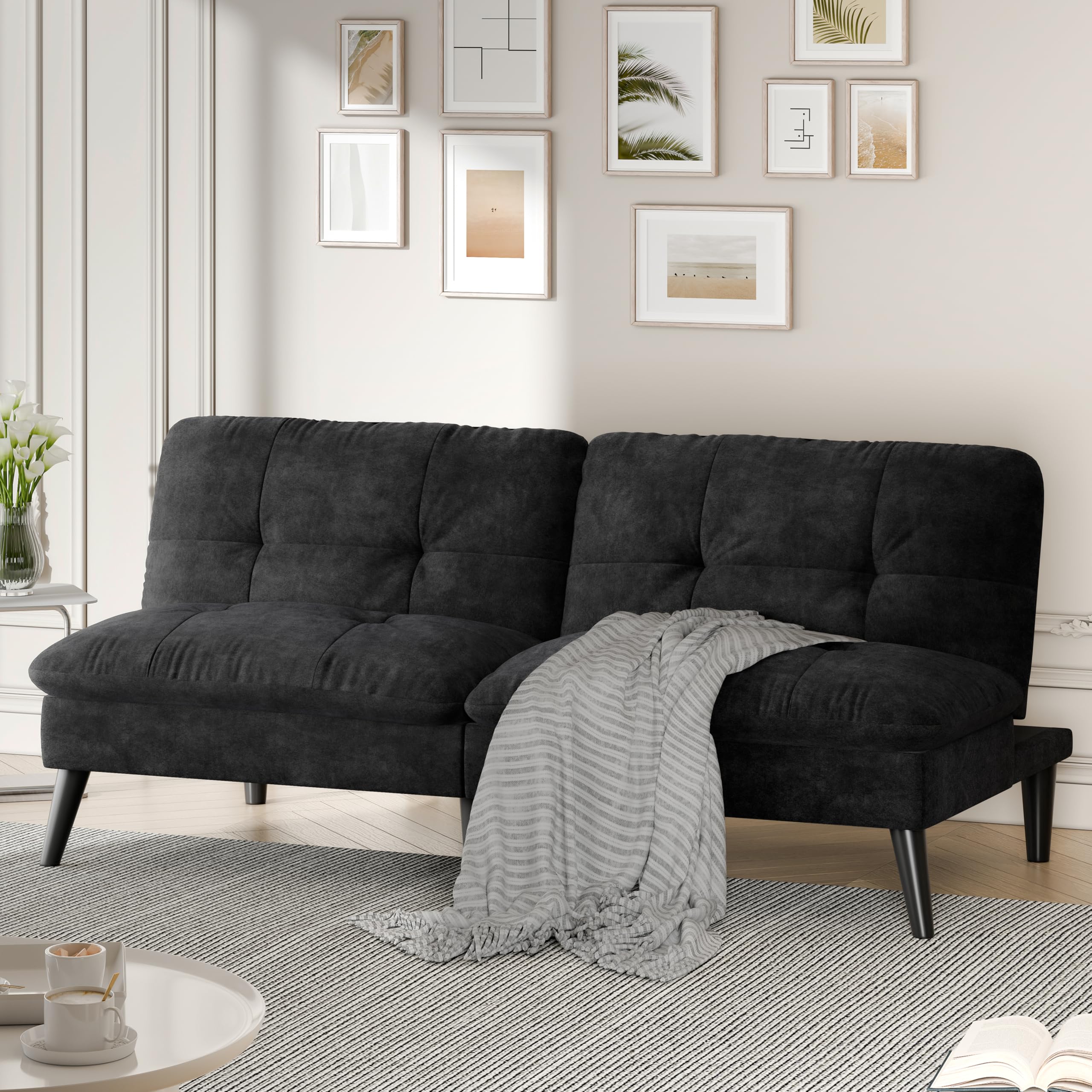 Shintenchi Futon Sofa Bed, Foldable Small Velvet Couch Bed with Adjustable Recliner, Space Saving 2 in 1 Sofa for Living Room, Apartment, or Guest Room, Black