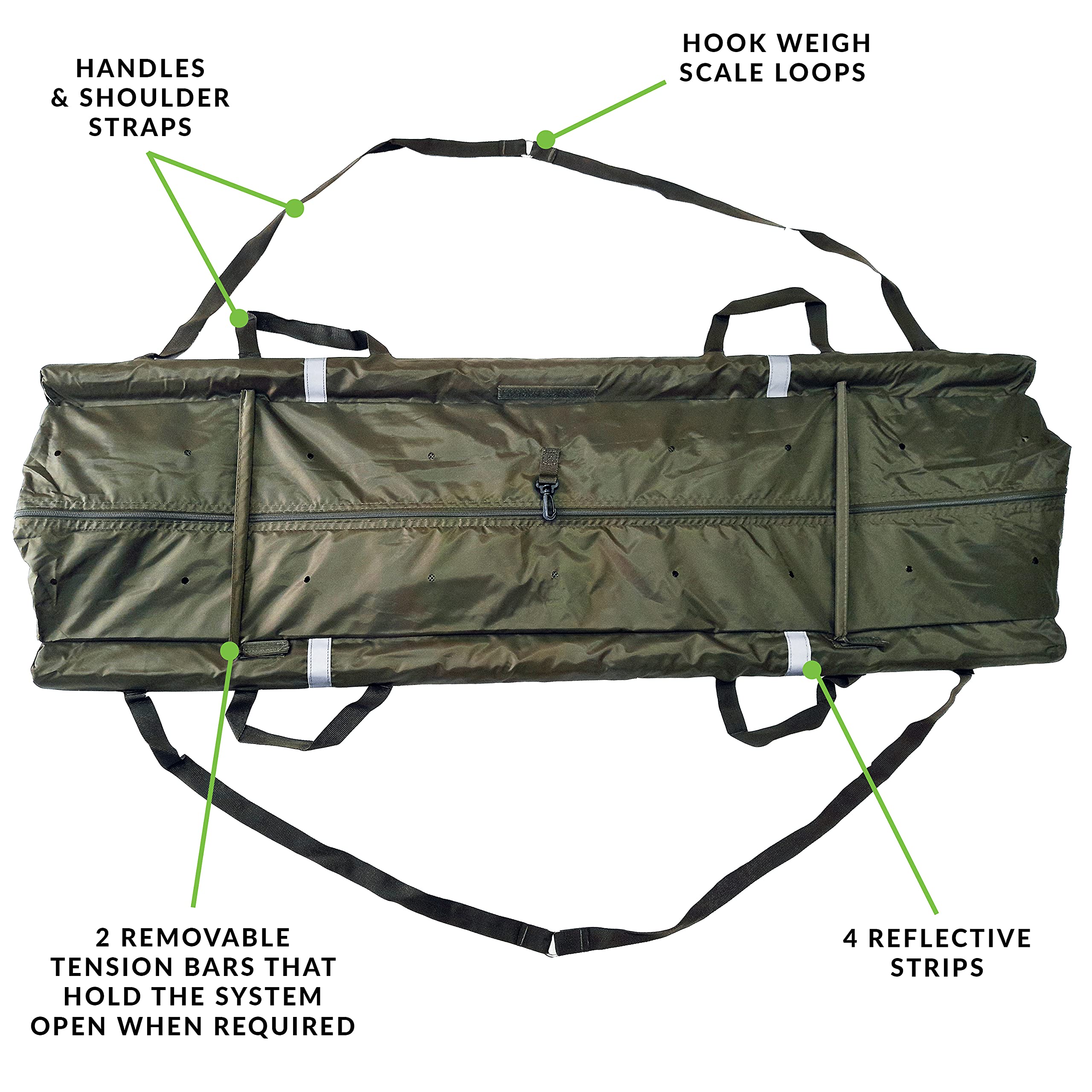 Eslinga flotante de recuperación de pesaje de lujo hecha de material 210D verde oscuro,Amplio palmo (Dimensiones 120x35x50 cm) de malla verde con bolsa de transporte de cordón 190T [27-00050]