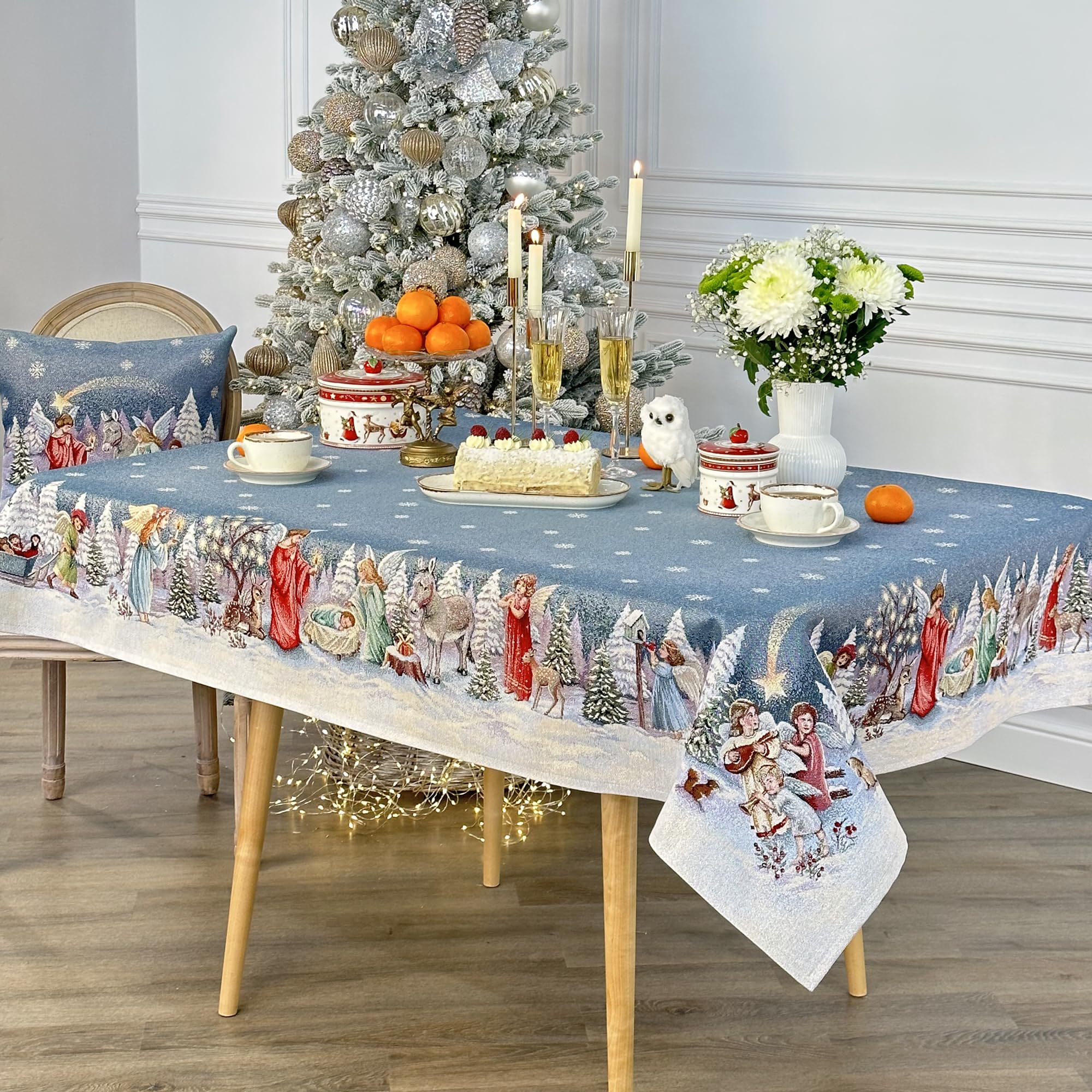 GOBEMÓN 1 Stück Weihnachten Gobelin Tischdecke 140 x 180 cm (Weihnachtsgeheimnis mit Engeln) Küche, Haushalt & Wohnen