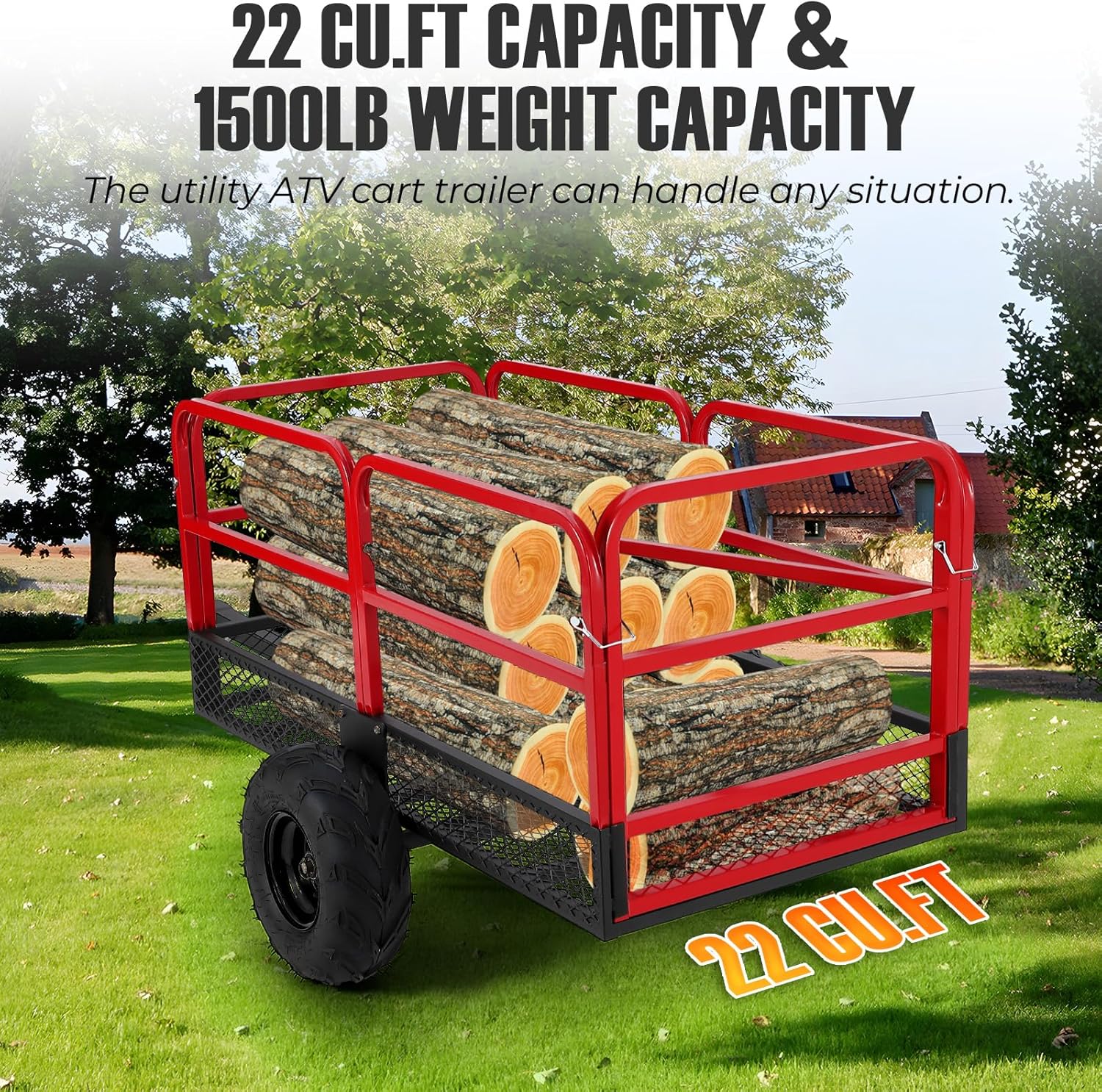 Tow Behind ATV Trailer Dump Cart, 1500 Lbs/22 Cu.Ft Capacity Heavy Duty Pull Behind Yard Wagon Garden Cart with 2 Wheels, for Tractor, ATV, UTV, Outdoor Lawn Mower