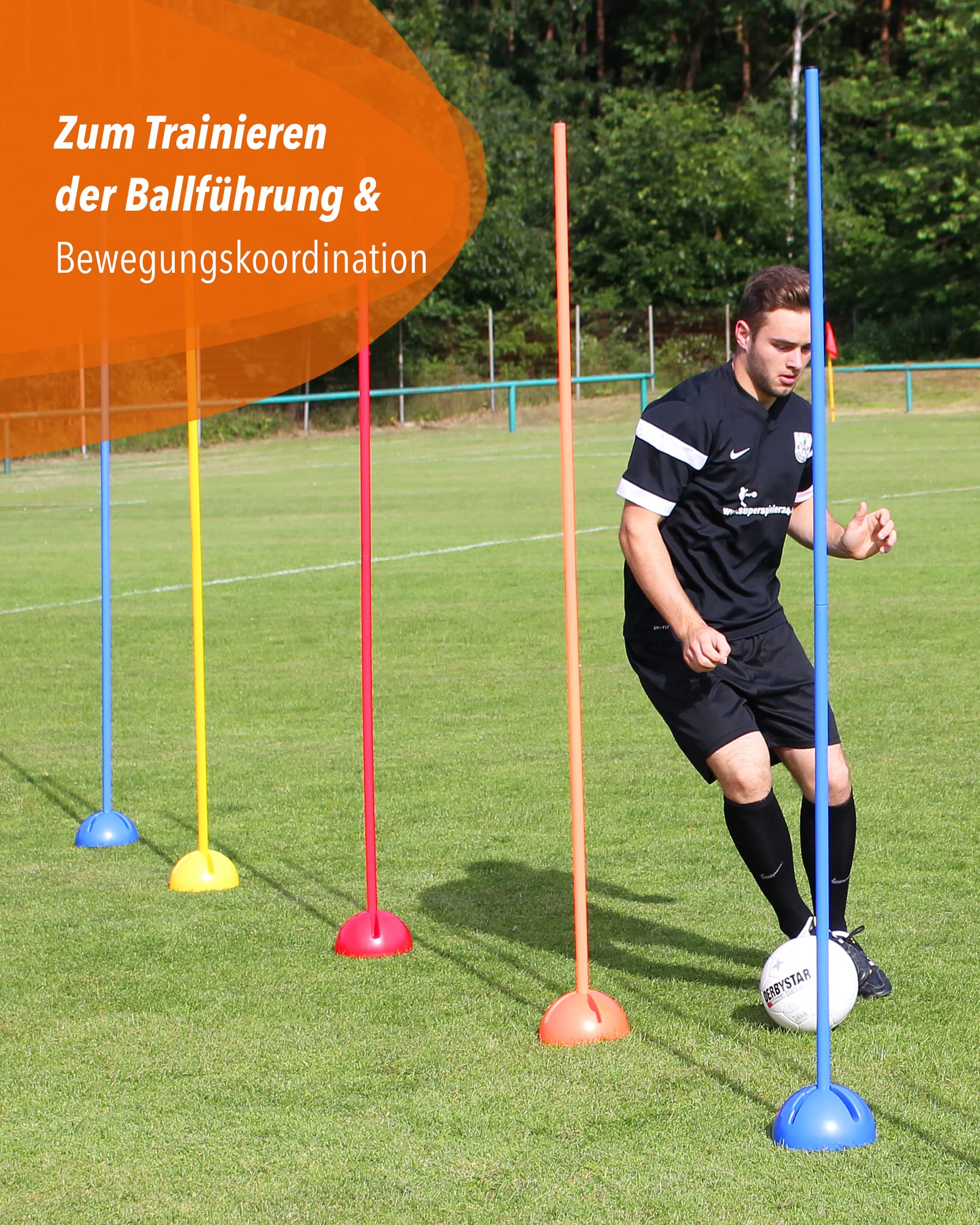 Supporto combinato X in plastica & asta slalom 180 cm – Set di 4 pezzi – Base riempibile – Asta per slalom & allenamento coordinazione – per calcio & sport cani – Slalom Set