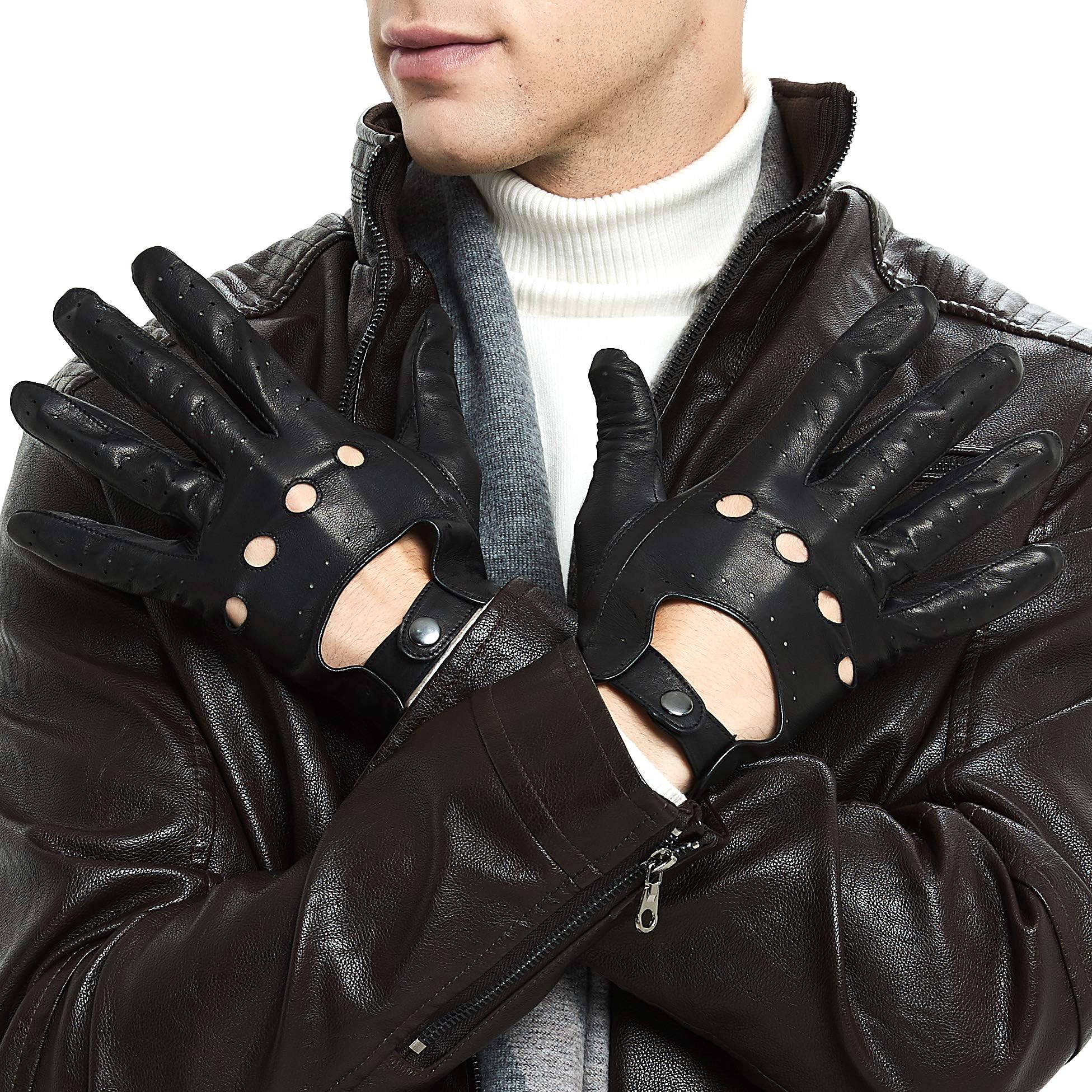 ZLUXURQ Mens Professional Leather Driving Gloves Unlined -Soft and Thin Italian Lambskin Black