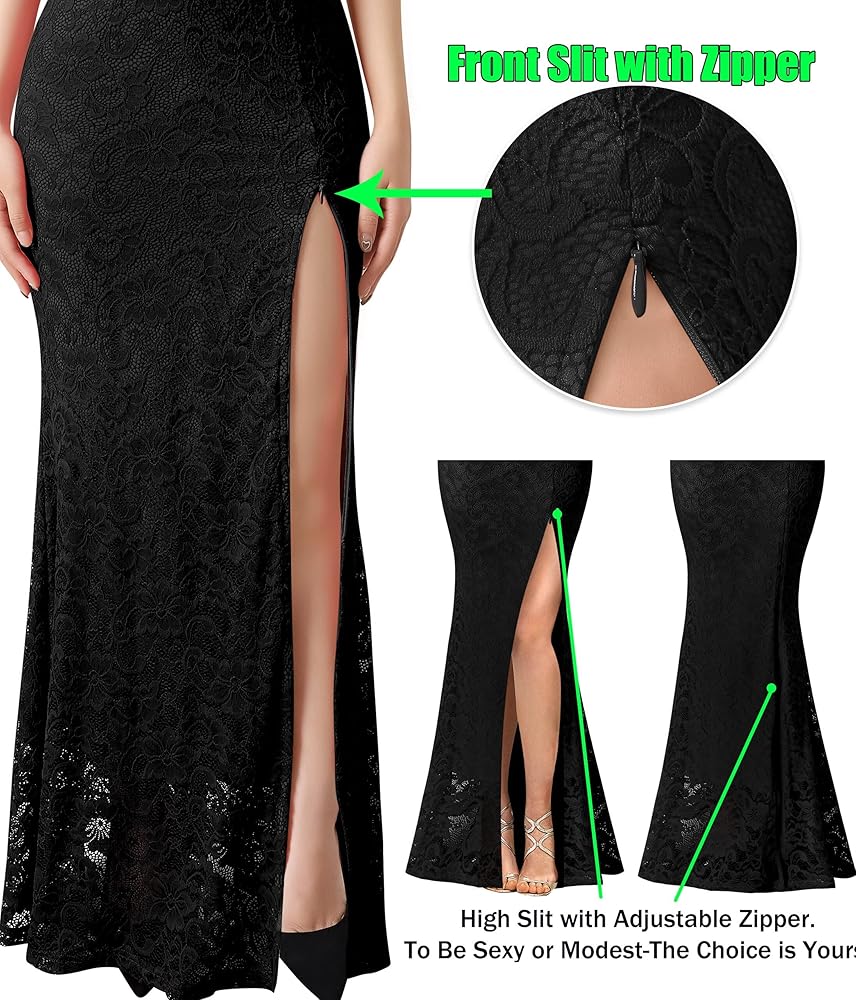 VFSHOW Womens Black Floral Lace Halter Neck High Zipper Slit