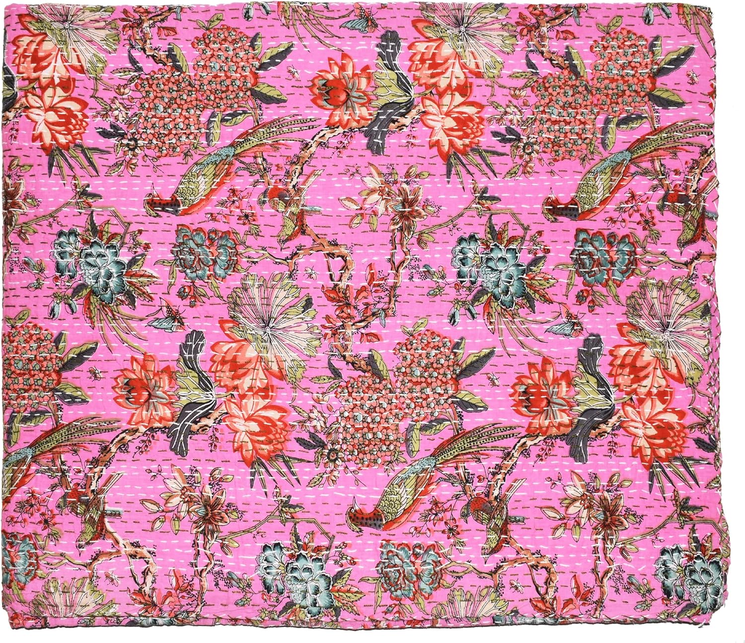Queen Size Kantha Quilt New Indian Cotton Gudari Pink Color Bedcover Bedding Coverlet Handmade Bedspread 90x108''