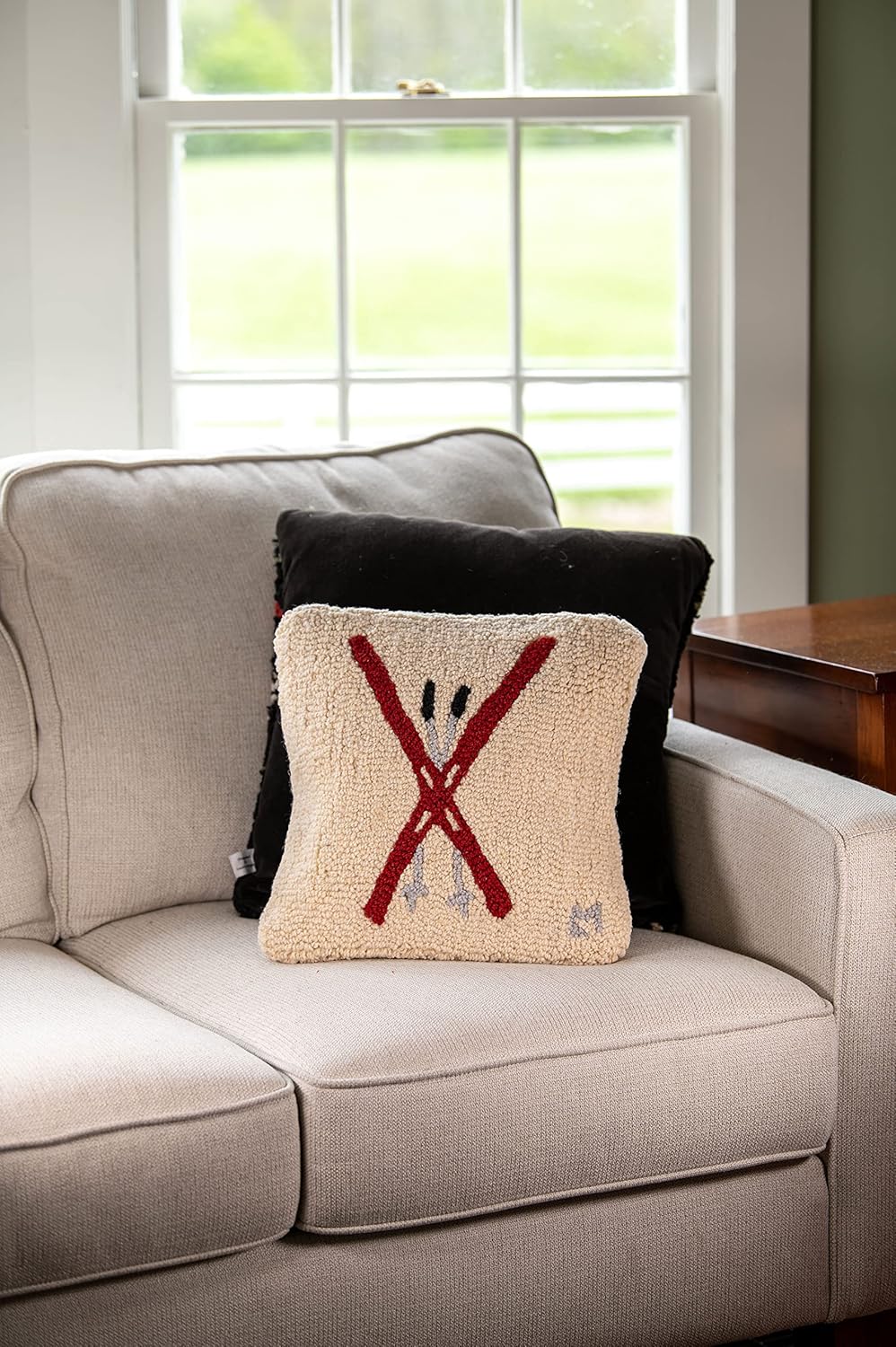 Chandler 4 Corners Artist-Designed Crossed Skis Hand-Hooked Wool Decorative Christmas Throw Pillow (14 in x 14 in) Ski Pillow for Couches & Beds - Low Maintenance - Winter Pillow for Cabins & Lodges