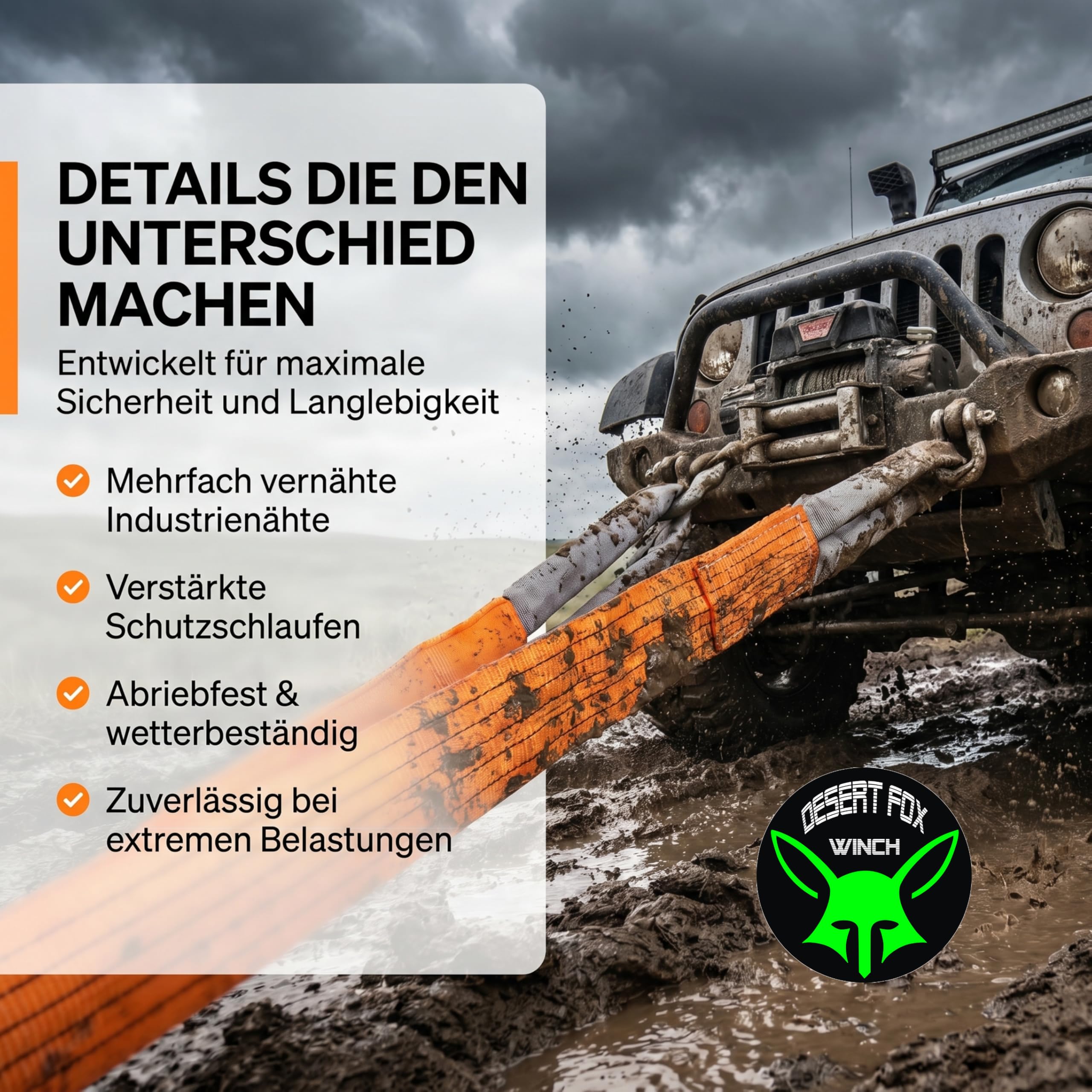 35T Abschleppseil 5m Orange – Profi Bergegurt mit verstärkten Schlaufen | Extrem belastbarer Abschleppgurt für Offroad, SUV, Traktor, LKW & Forst