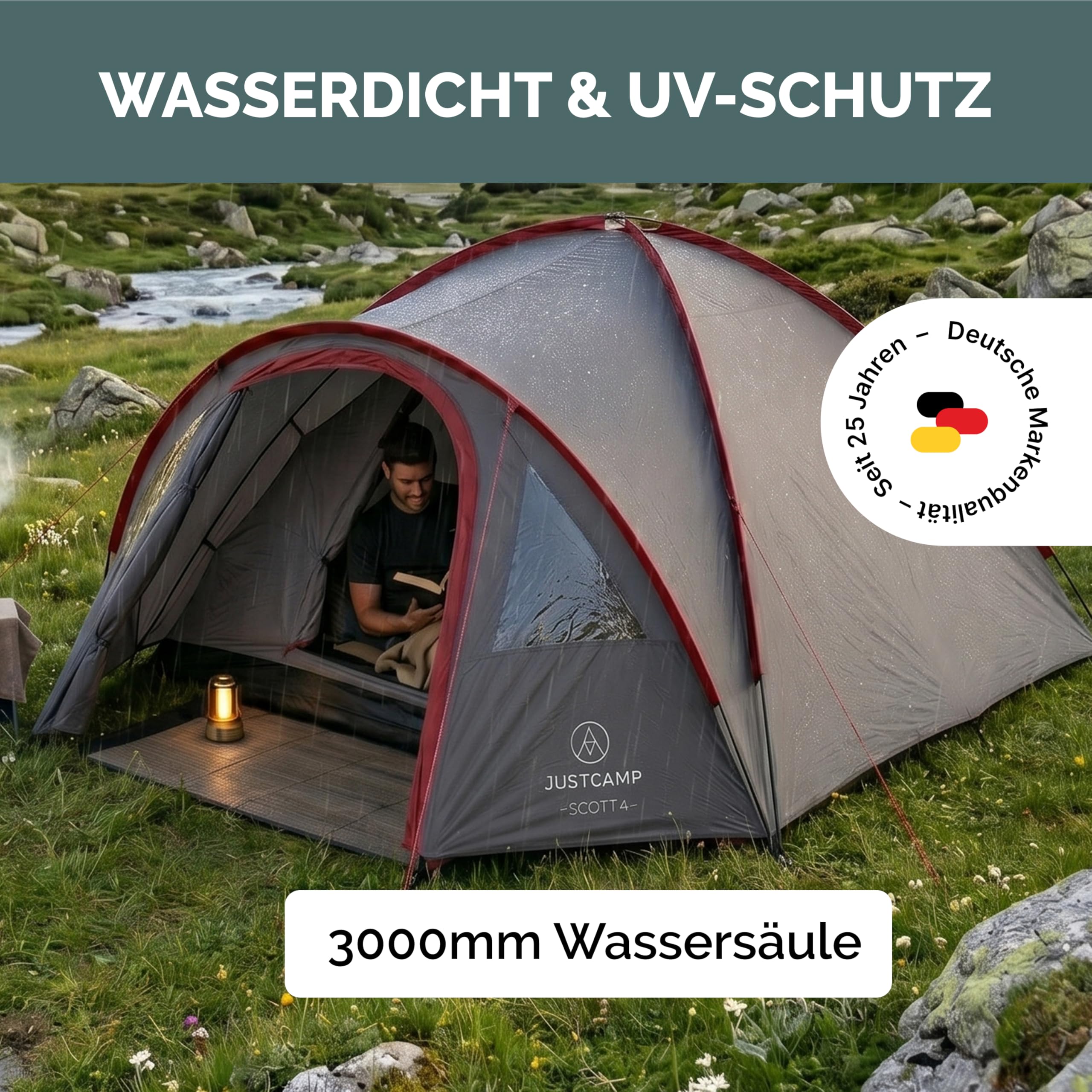 JUSTCAMP Scott Campingzelt für 4 Personen, leicht, stabil, wasserdicht - Kuppelzelt (doppelwandig) mit verschließbarem Vorraum - Iglu-Zelt mit Lüftungshutzen und Moskitonetz an der Schlafkabine