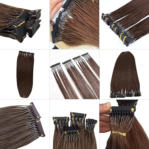 Miniatura 5 de Extensión de cabello humano 6D, color marrón oscuro, 10 filas para máquina de 1 generación, herramienta sin rastro, pistola para salón (14 pulgadas)