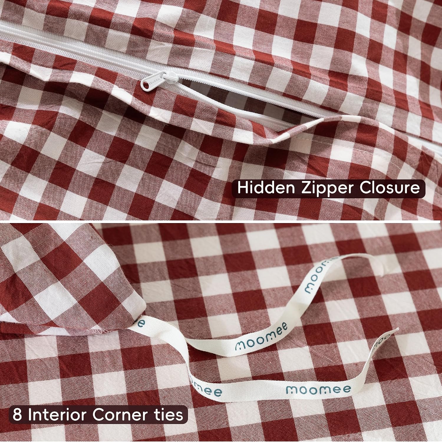 MooMee Gingham Duvet Cover Set 100% Washed Cotton Linen Like Textured Breathable Durable Soft Comfy Modern Checkered Design (Classic Gingham Fired Brick Red, King 104"x90")
